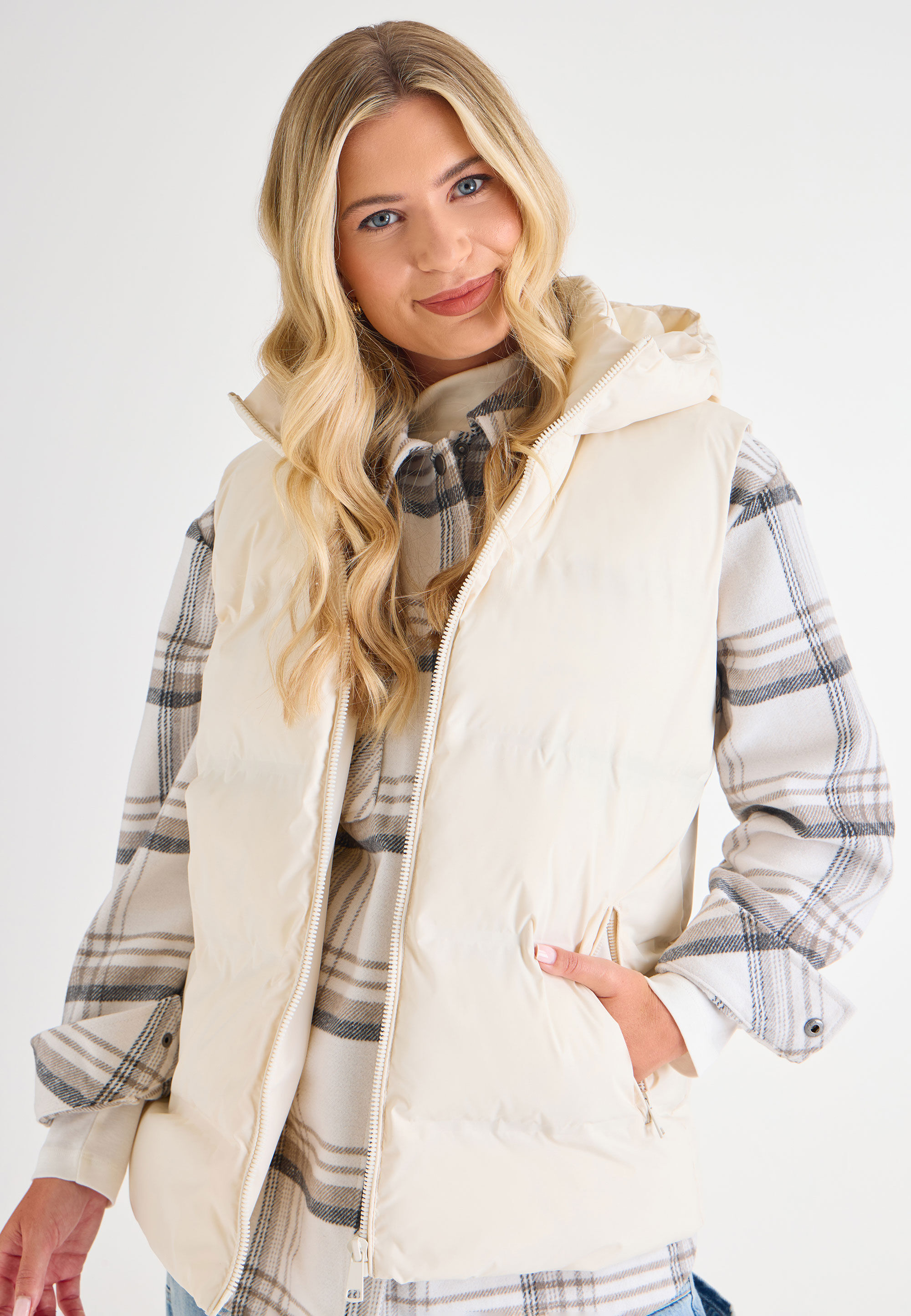 Womens Cream Mid Length Padded Gilet Jacket