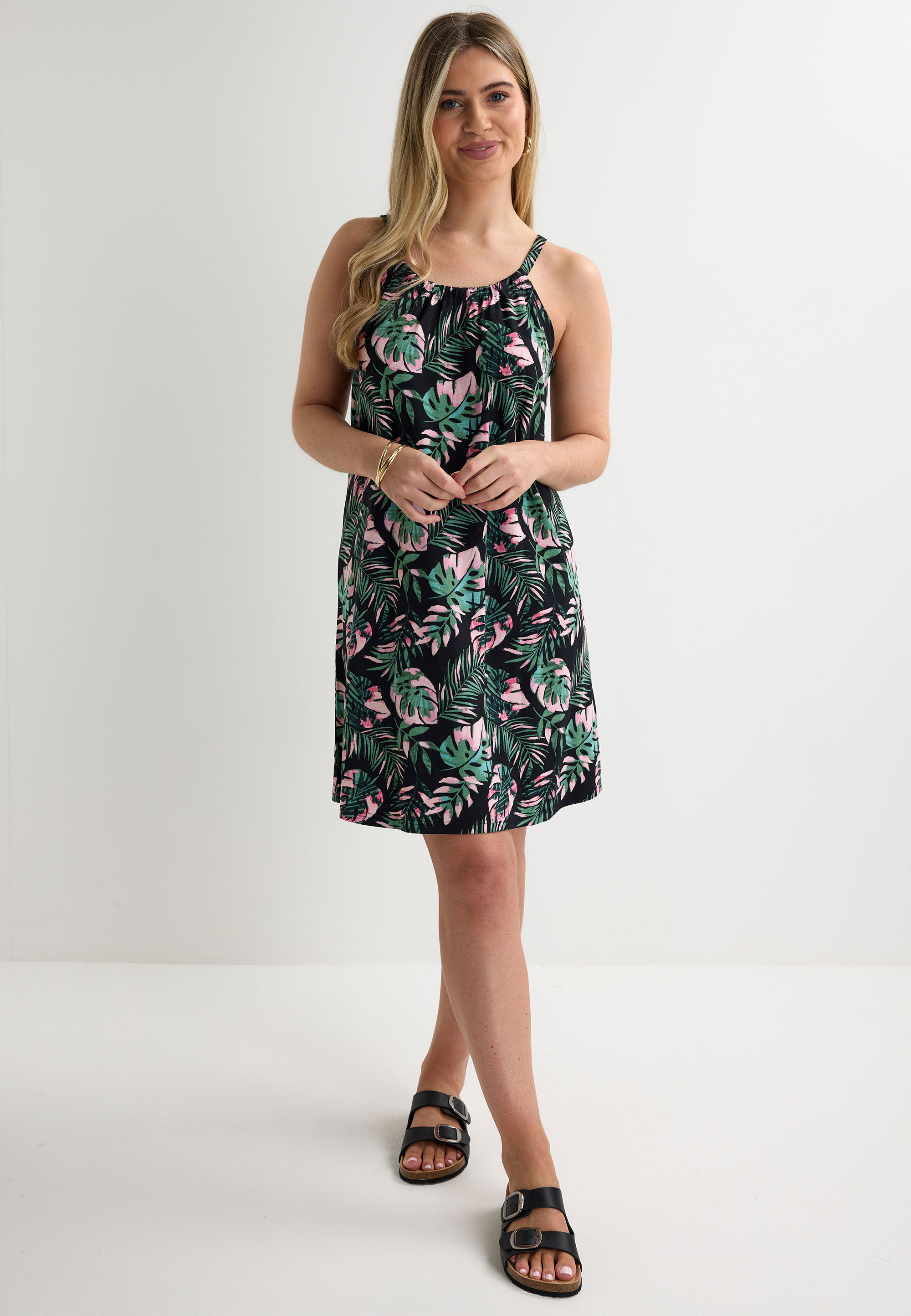 Womens Pink & Black Leaf Print Beach Dress