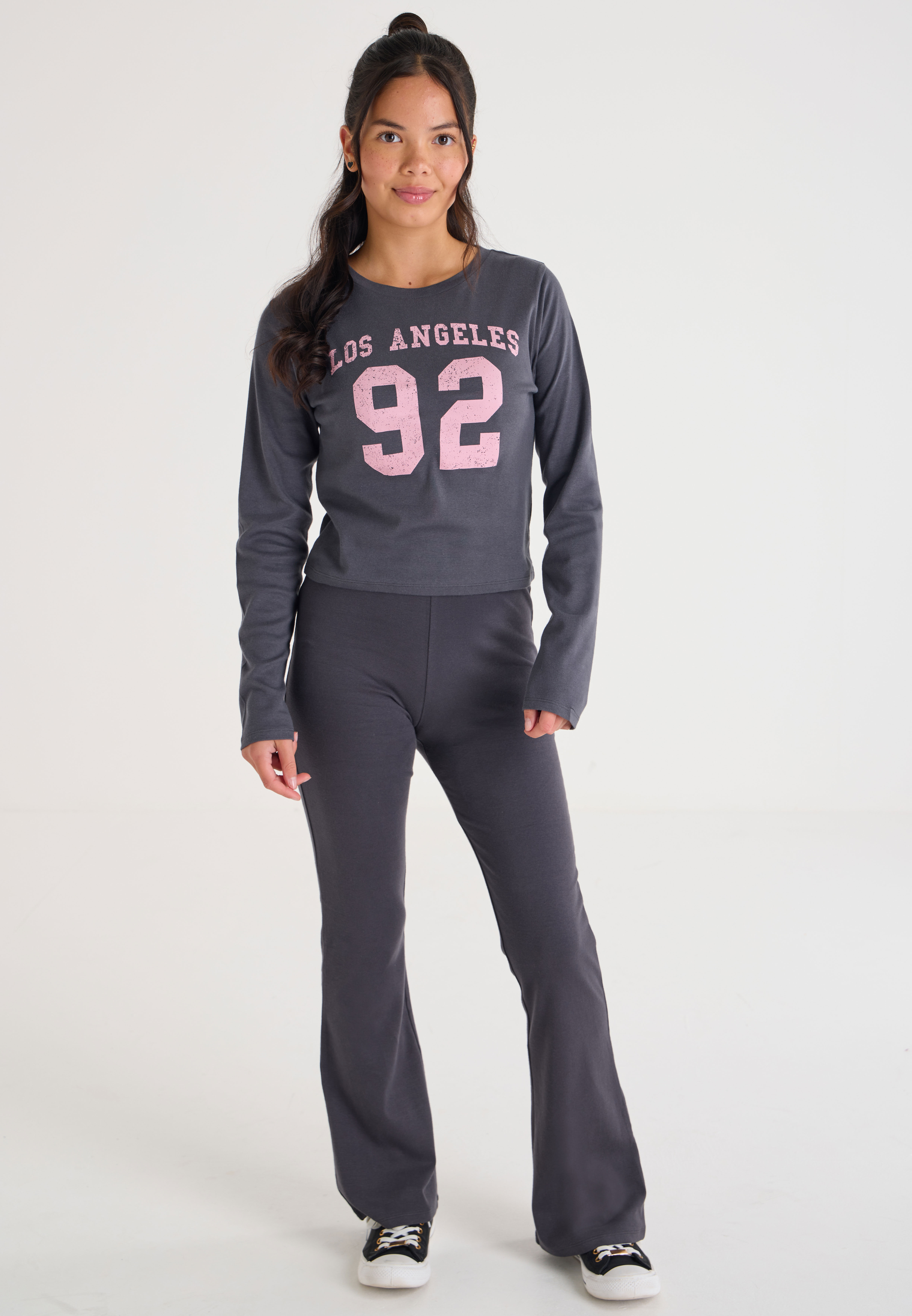 Older Girls Charcoal Long Sleeve Slogan Top