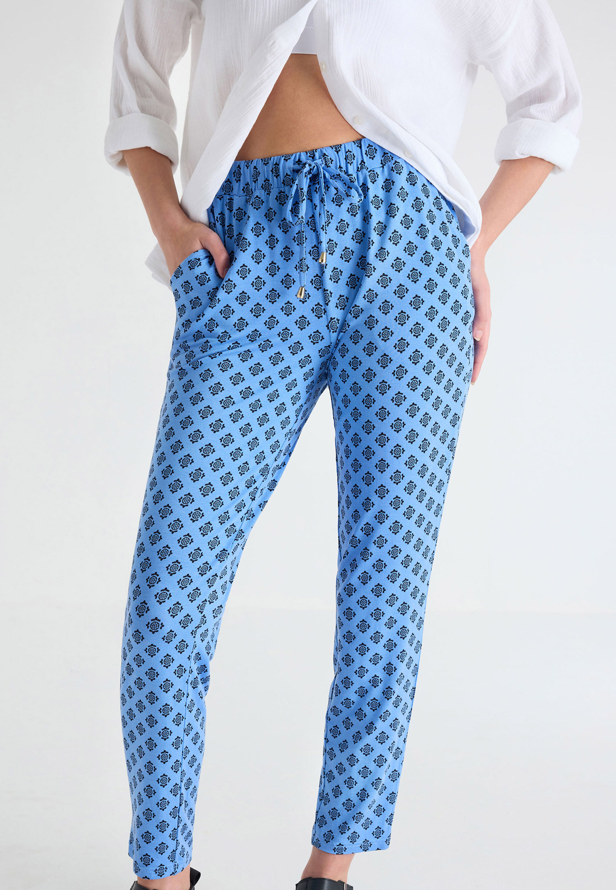 Womens Blue Print Relaxed Fit Trousers