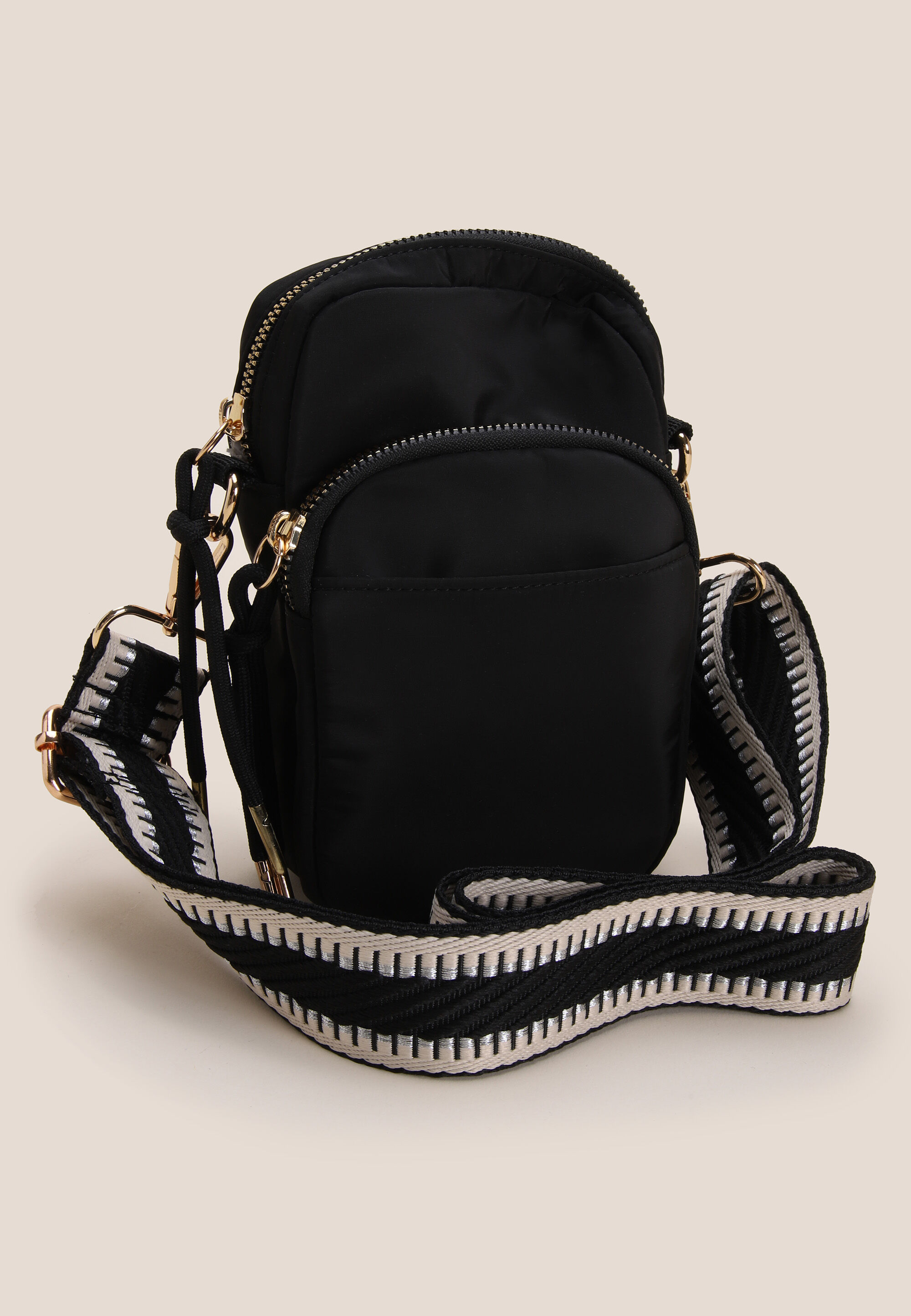Womens Black Nylon Strap Cross Body Phone Holder