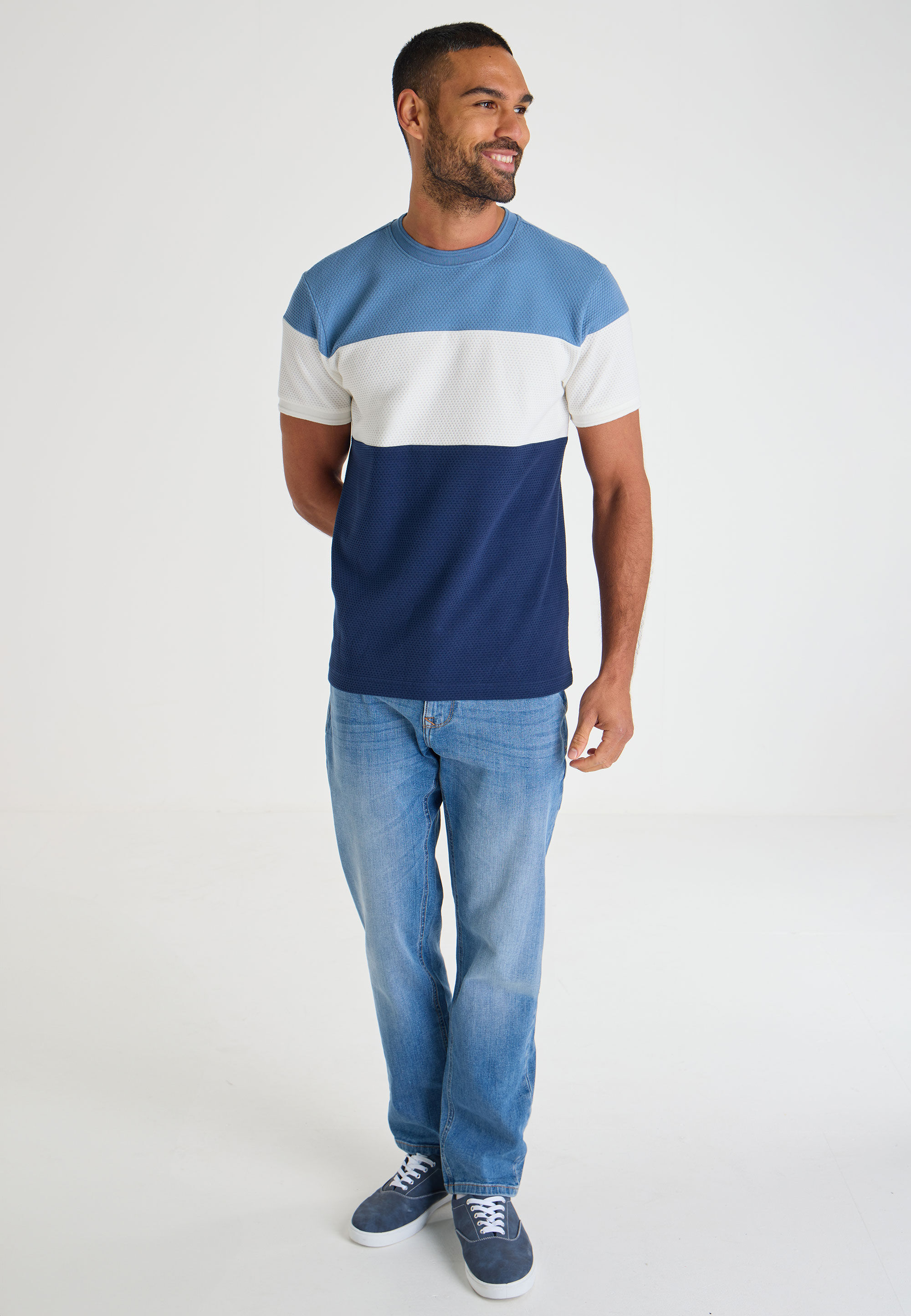Mens Blue Colour Block Textured T-Shirt