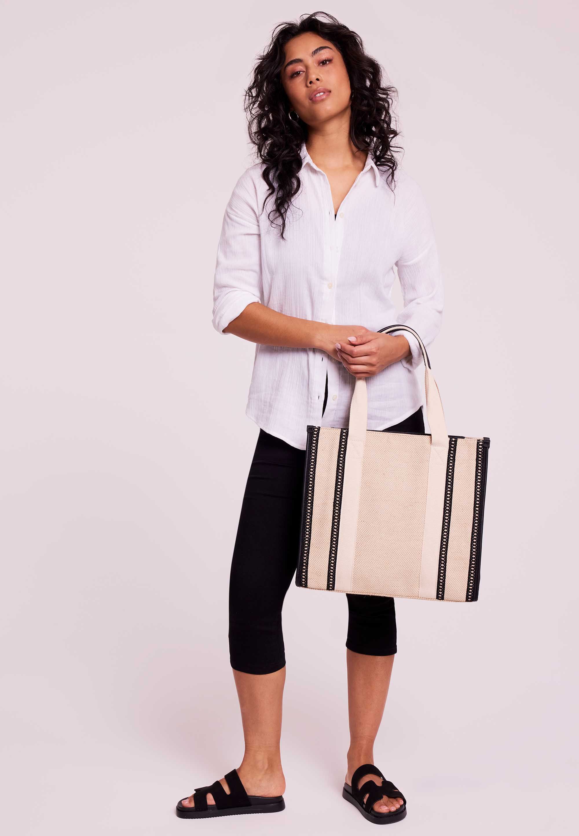 Womens Cream Canvas Structured Tote Bag