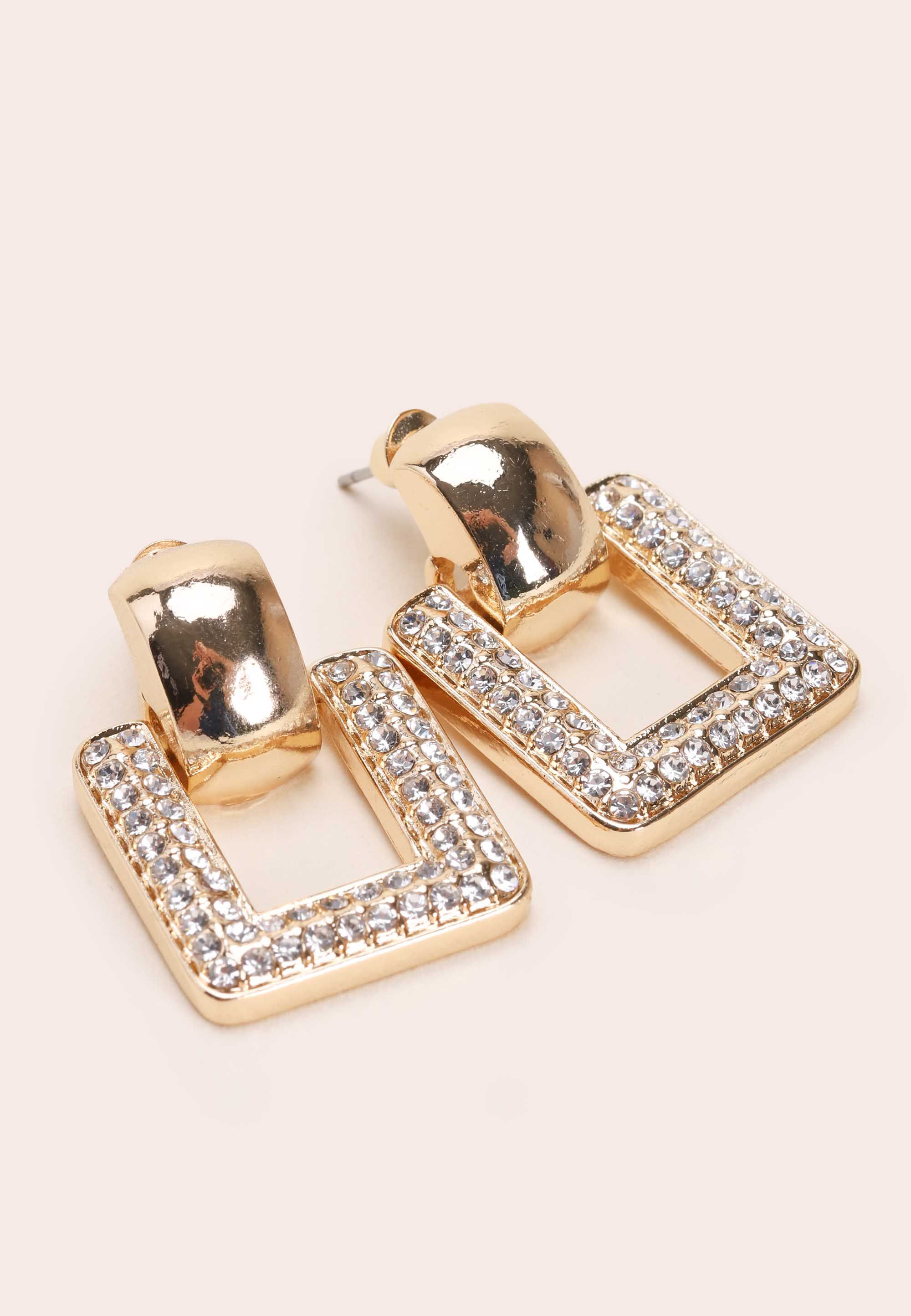 Womens Gold Square Diamante Door Knocker Earrings