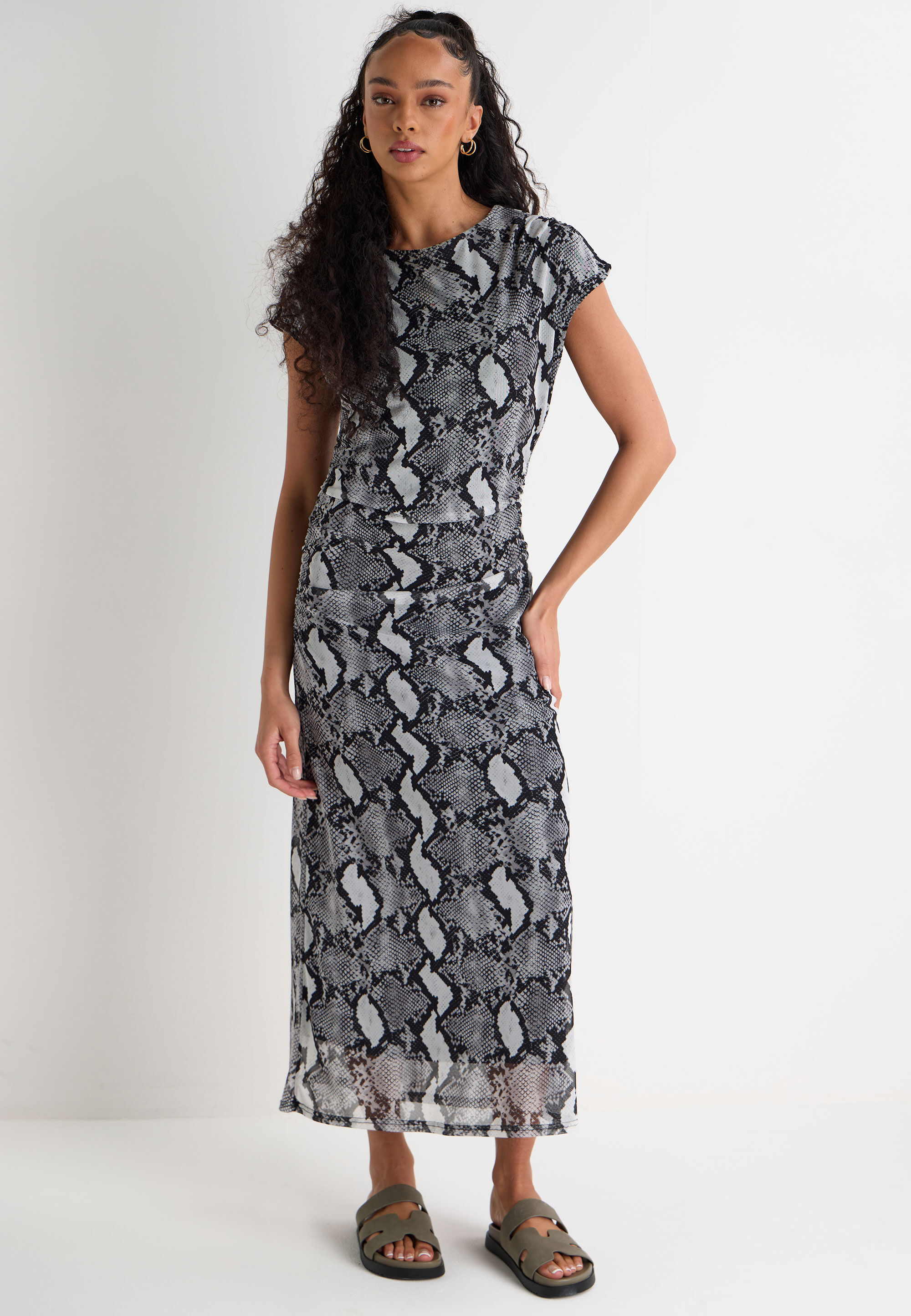Womens Grey Animal Print Ruched Sides Midi Dress