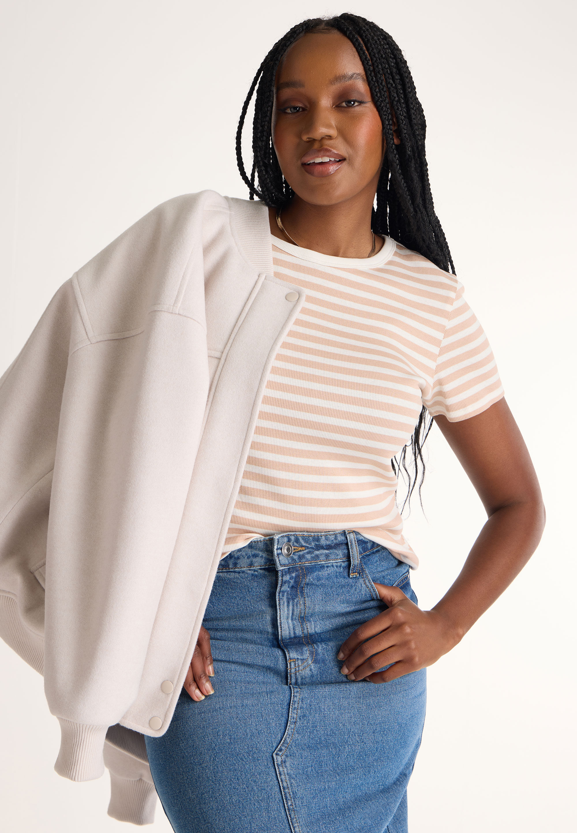 Womens Beige Stripe Crew Rib Tee