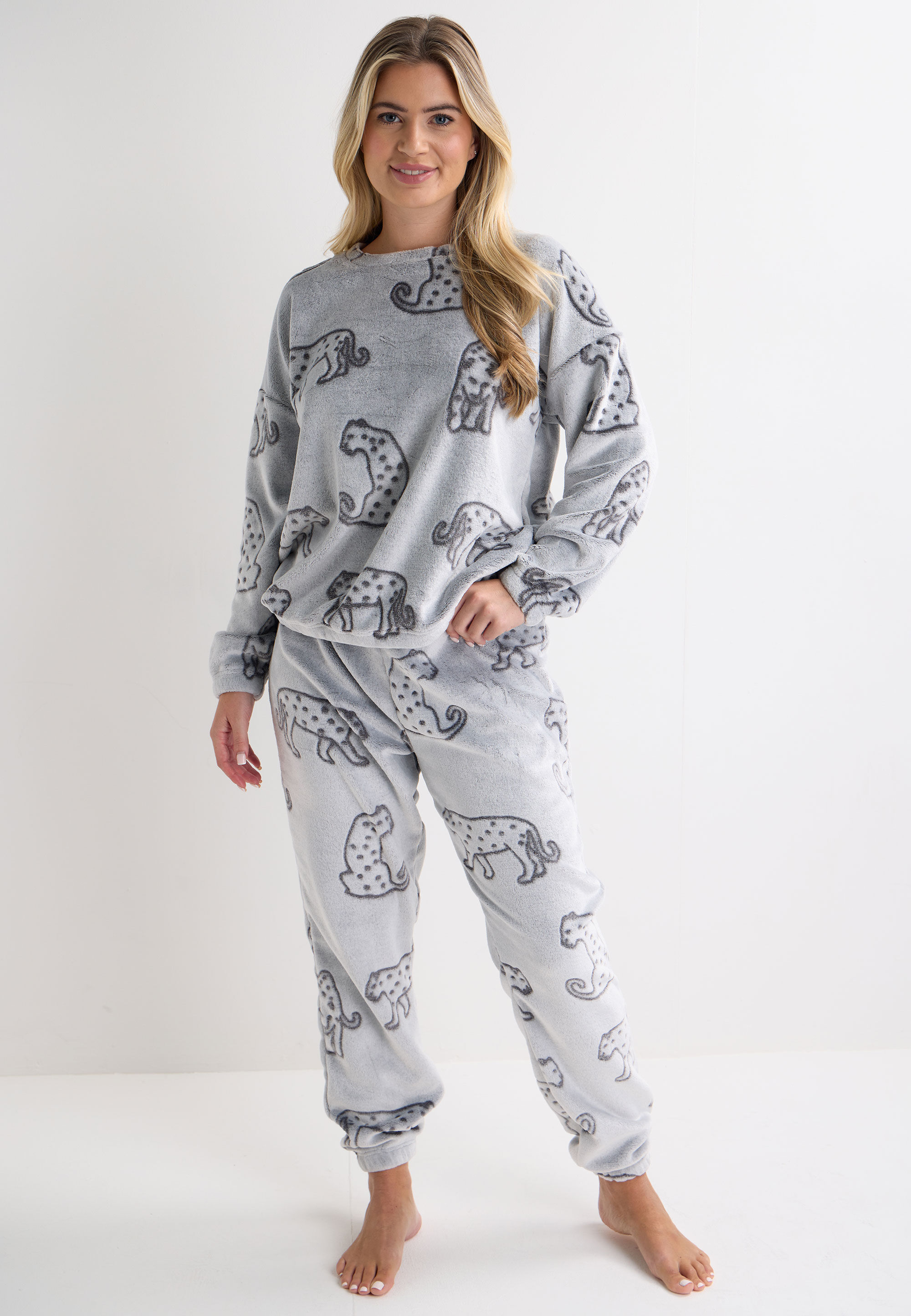 Womens Charcoal Carved Leopard Fleece Pyjama Set