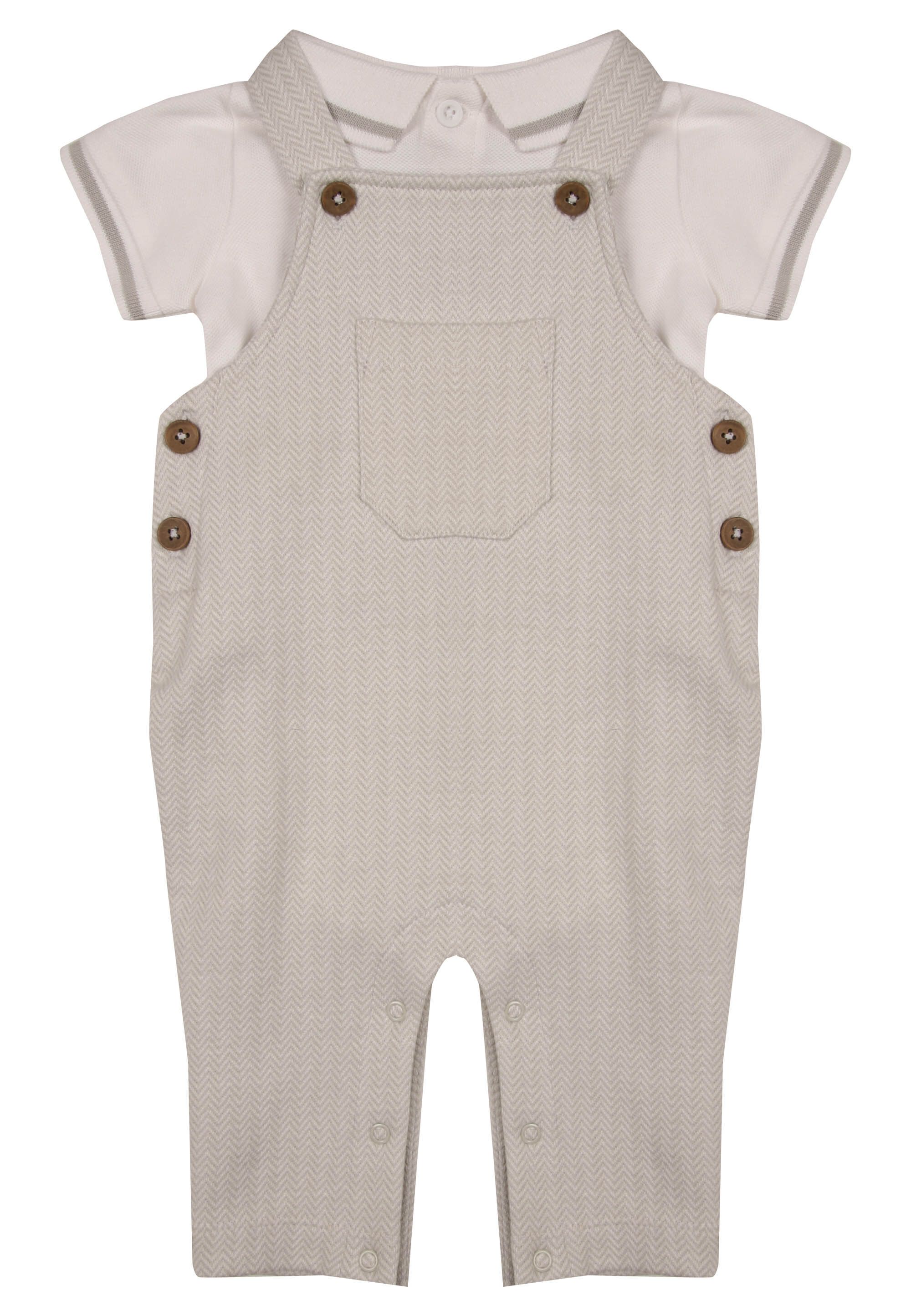 Baby Boys Grey Polo Body and Herringbone Dungaree Set