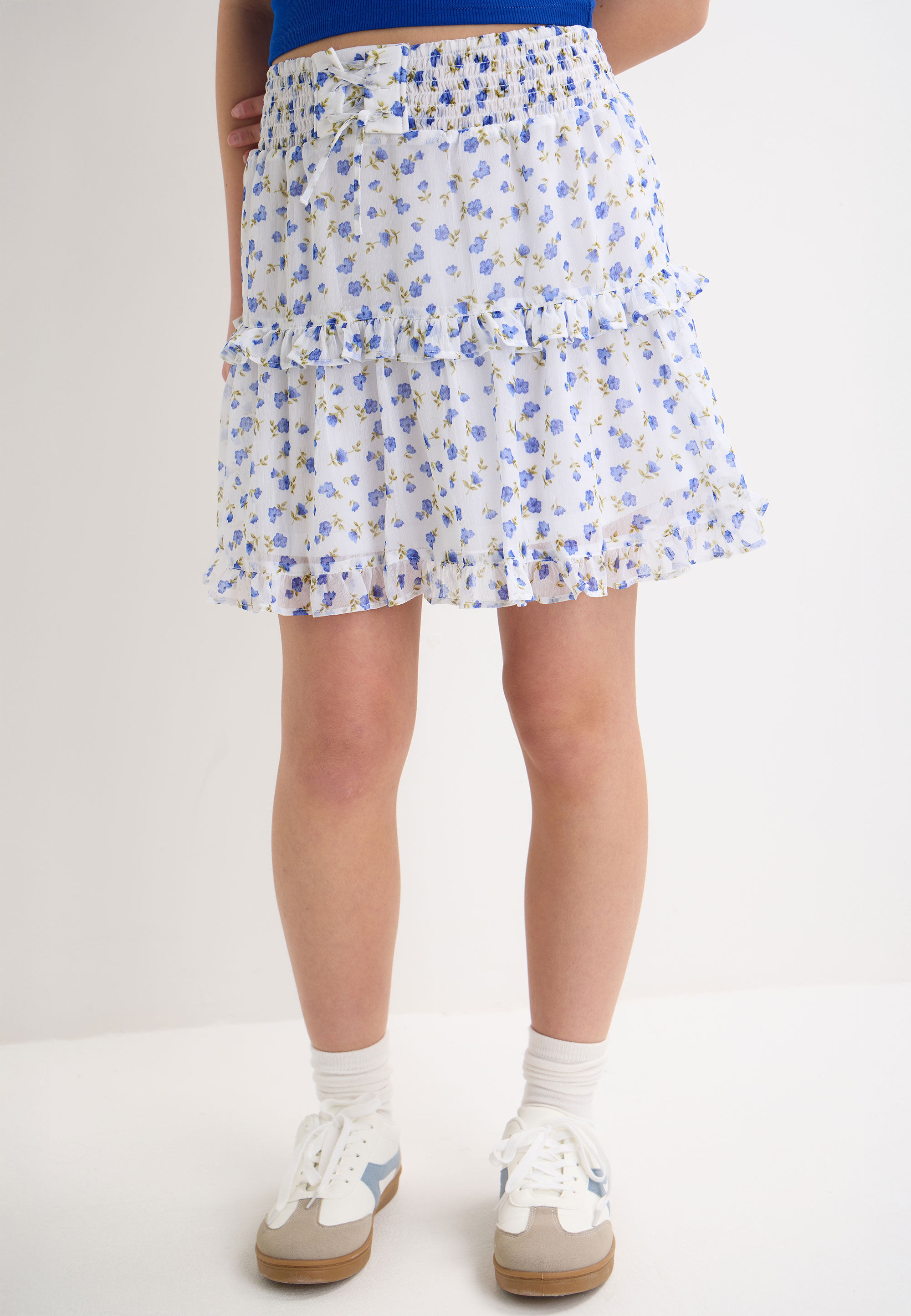 Older Girls White & Blue Floral Chiffon Ra-Ra Skirt