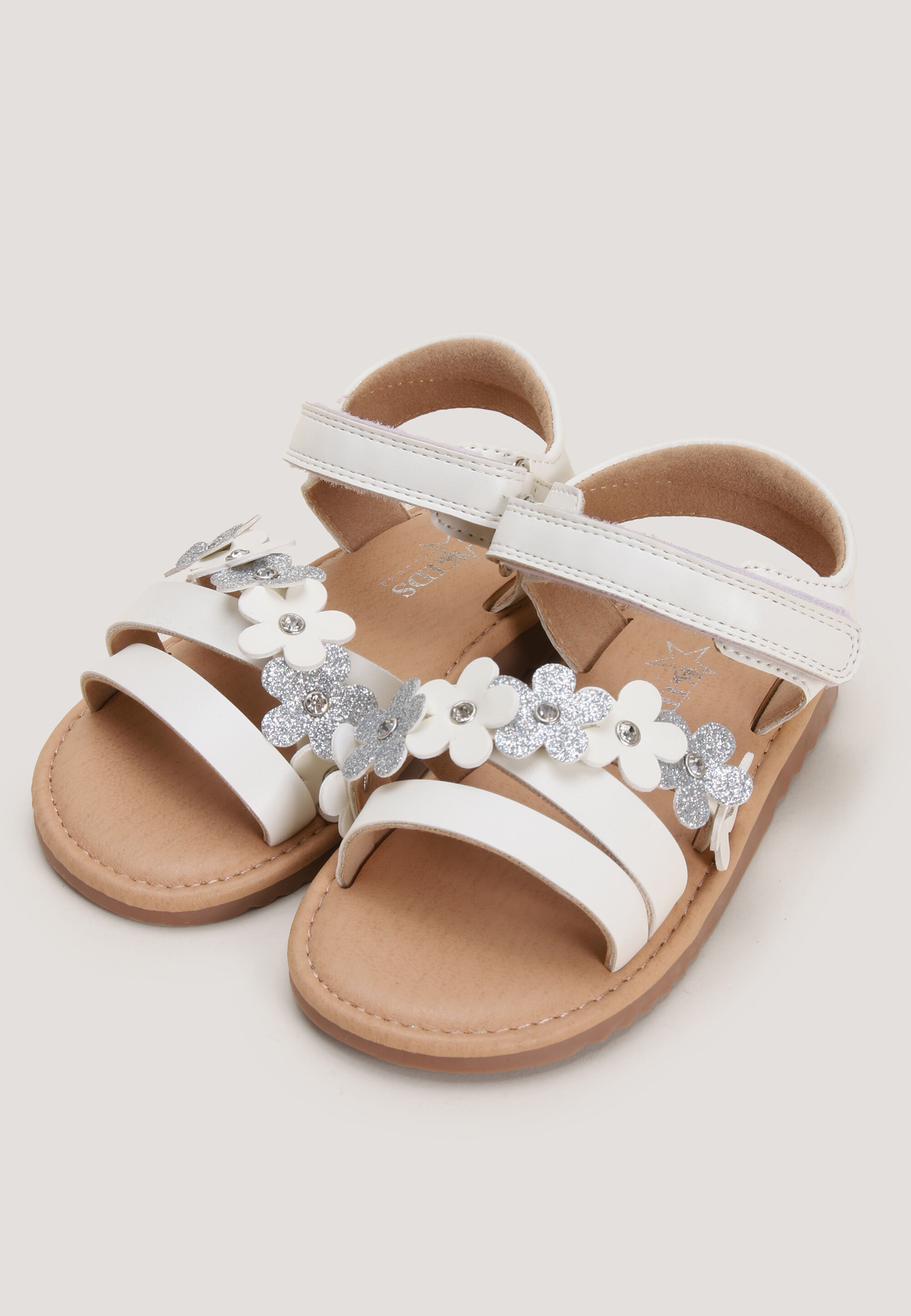 Younger Girls White Glitter Flower Sandals