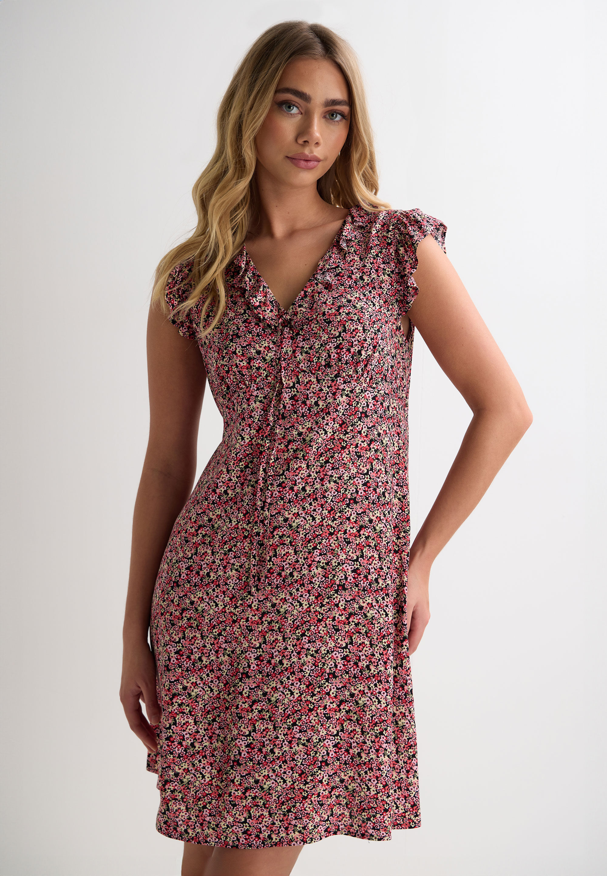 Womens Red Ditsy Print Ruffle Sleeve Tea Dress