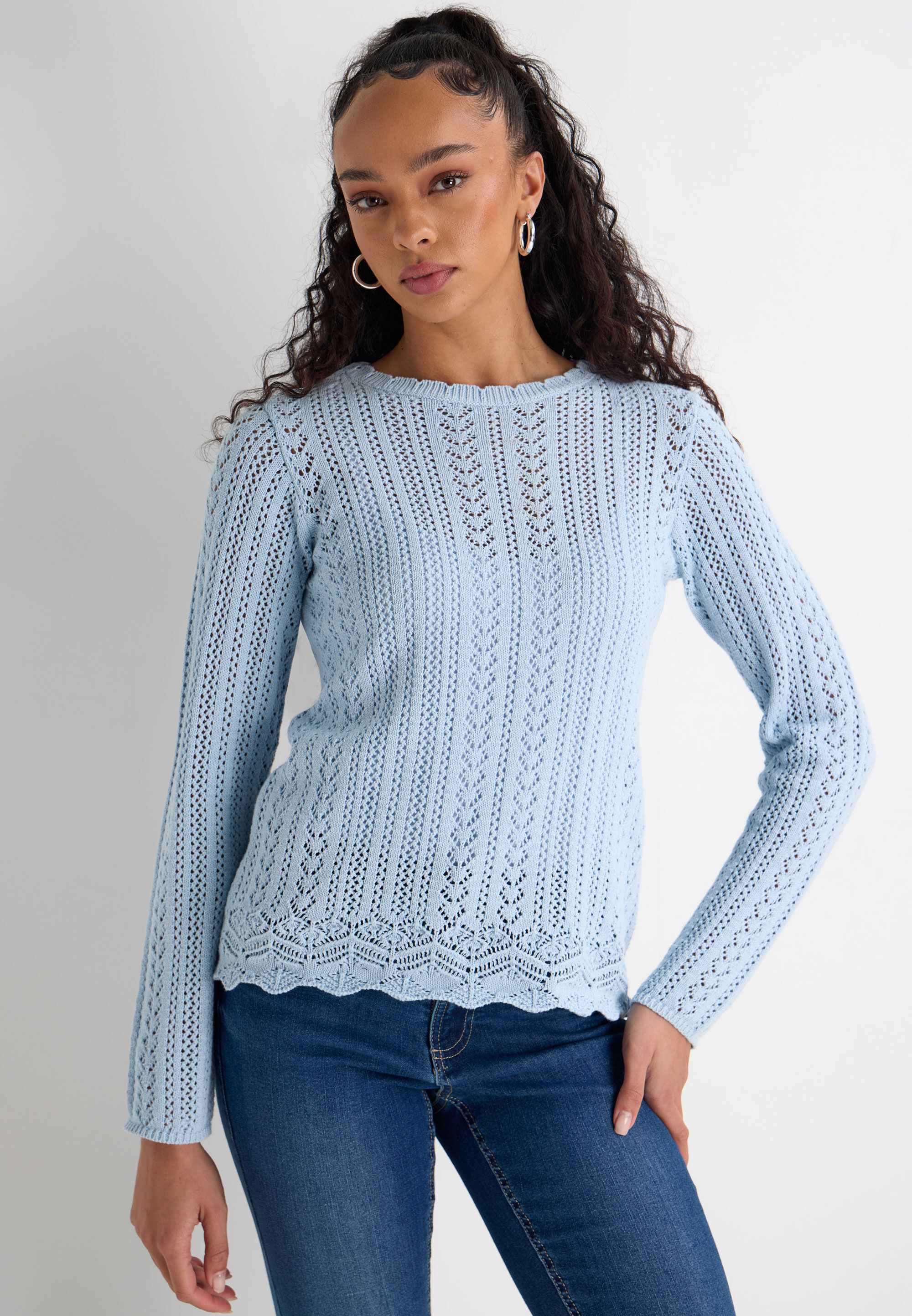 Womens Blue Crochet Knit Jumper