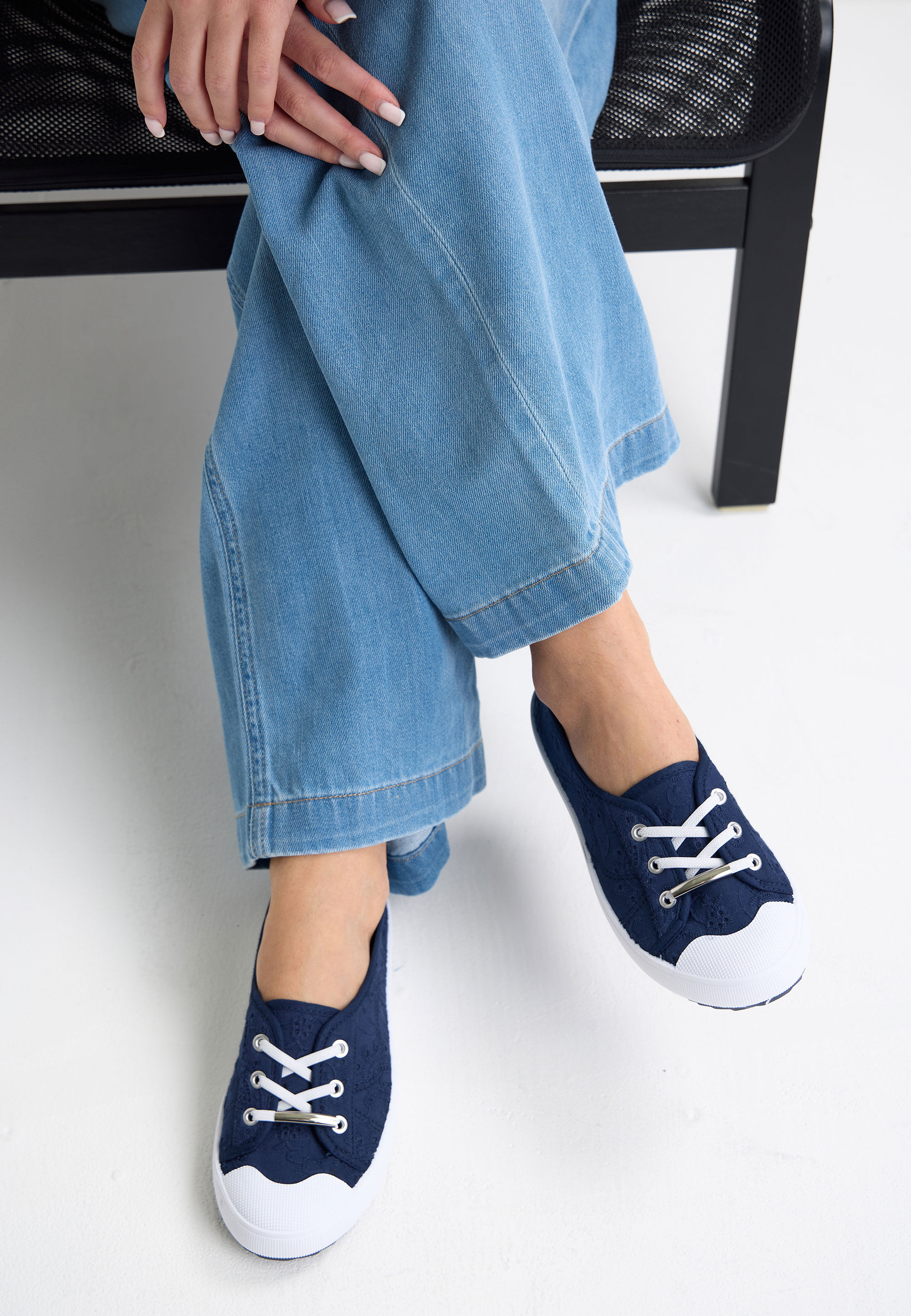 Womens Dark Blue Embroidered Lace Up Trainers