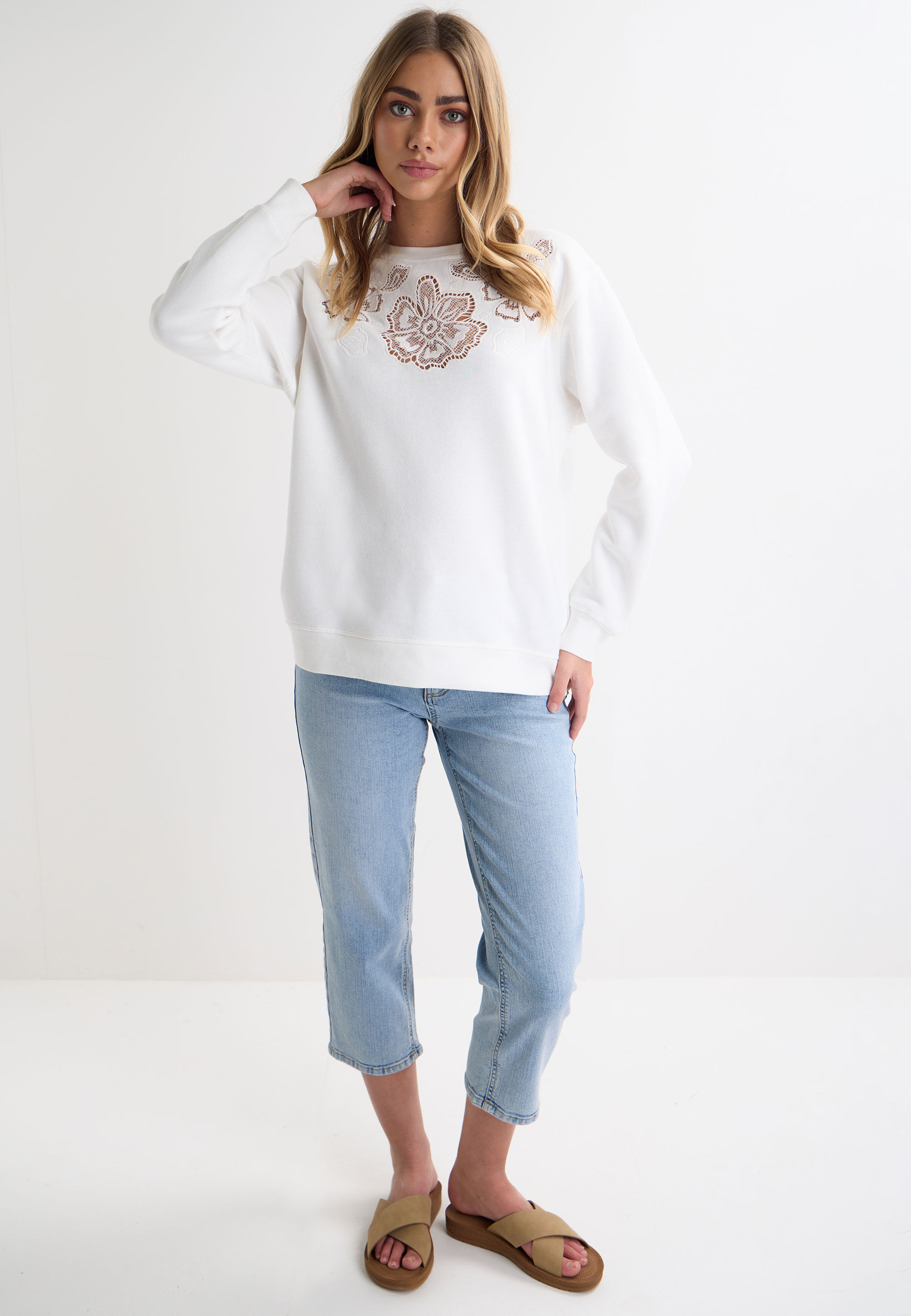 Womens Cream Floral Embroidery Sweatshirt