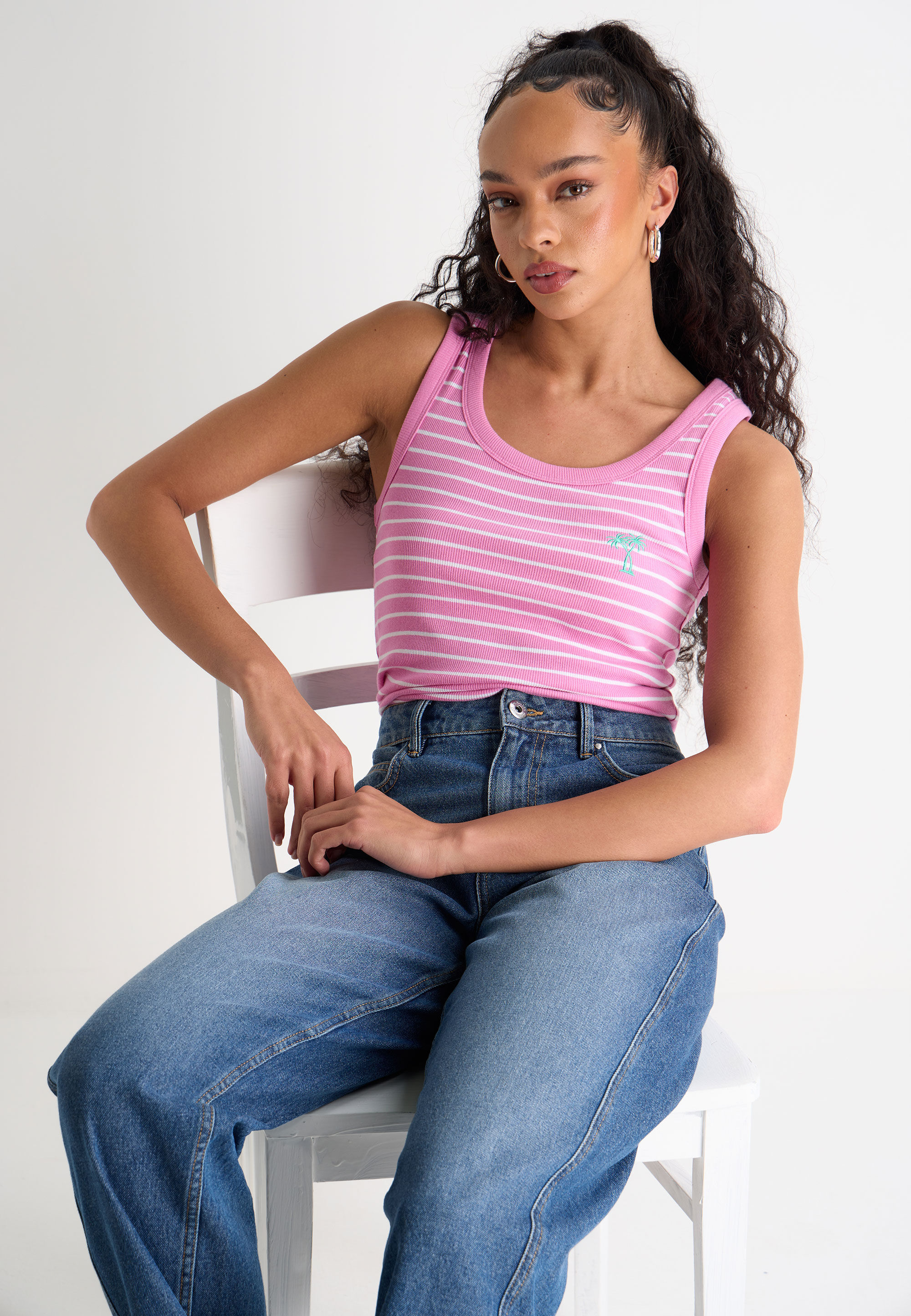 Womens Pink Stripe Palm Tree Embroidered Vest Top