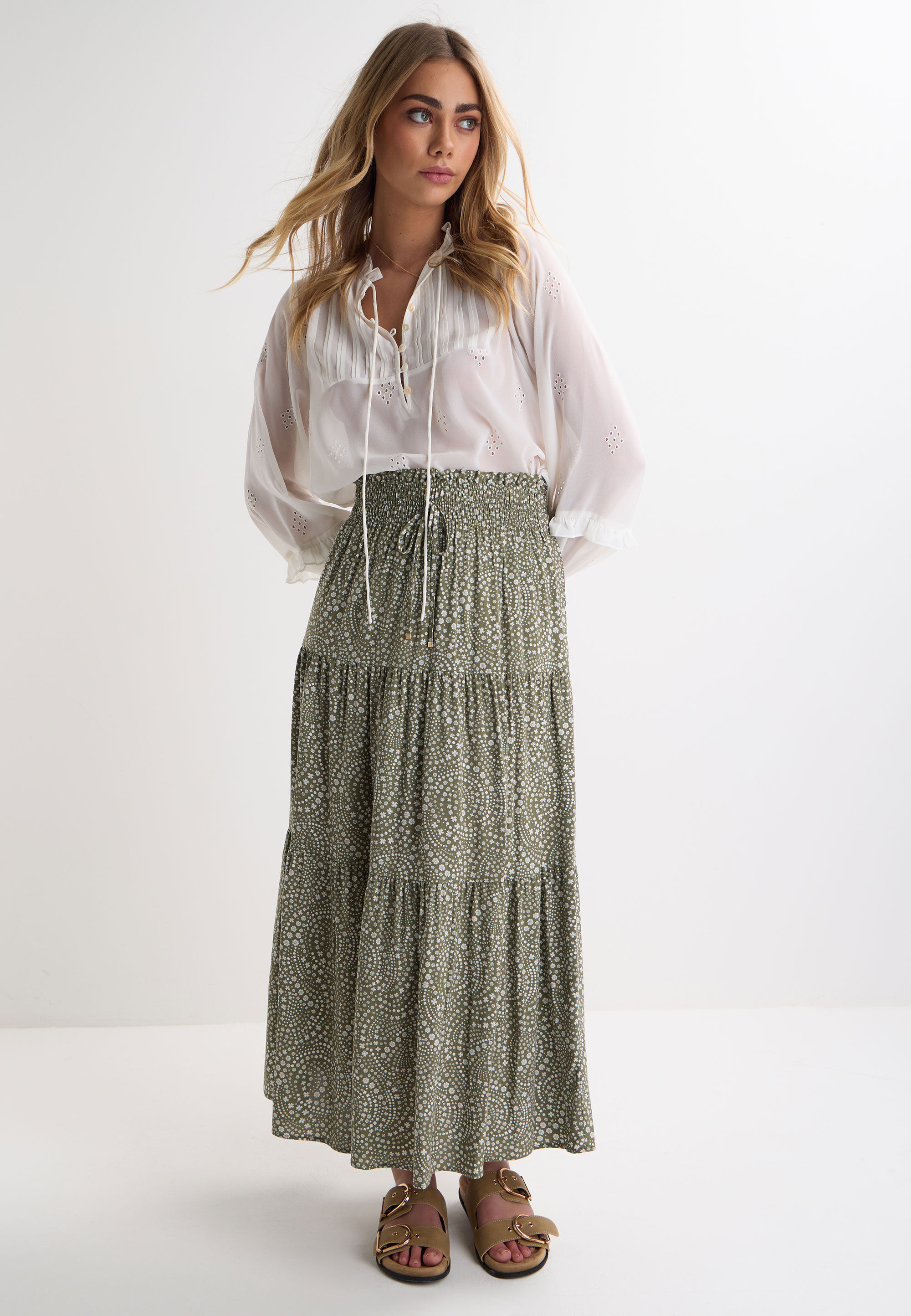 Womens Sage & Cream Floral Print Maxi Skirt