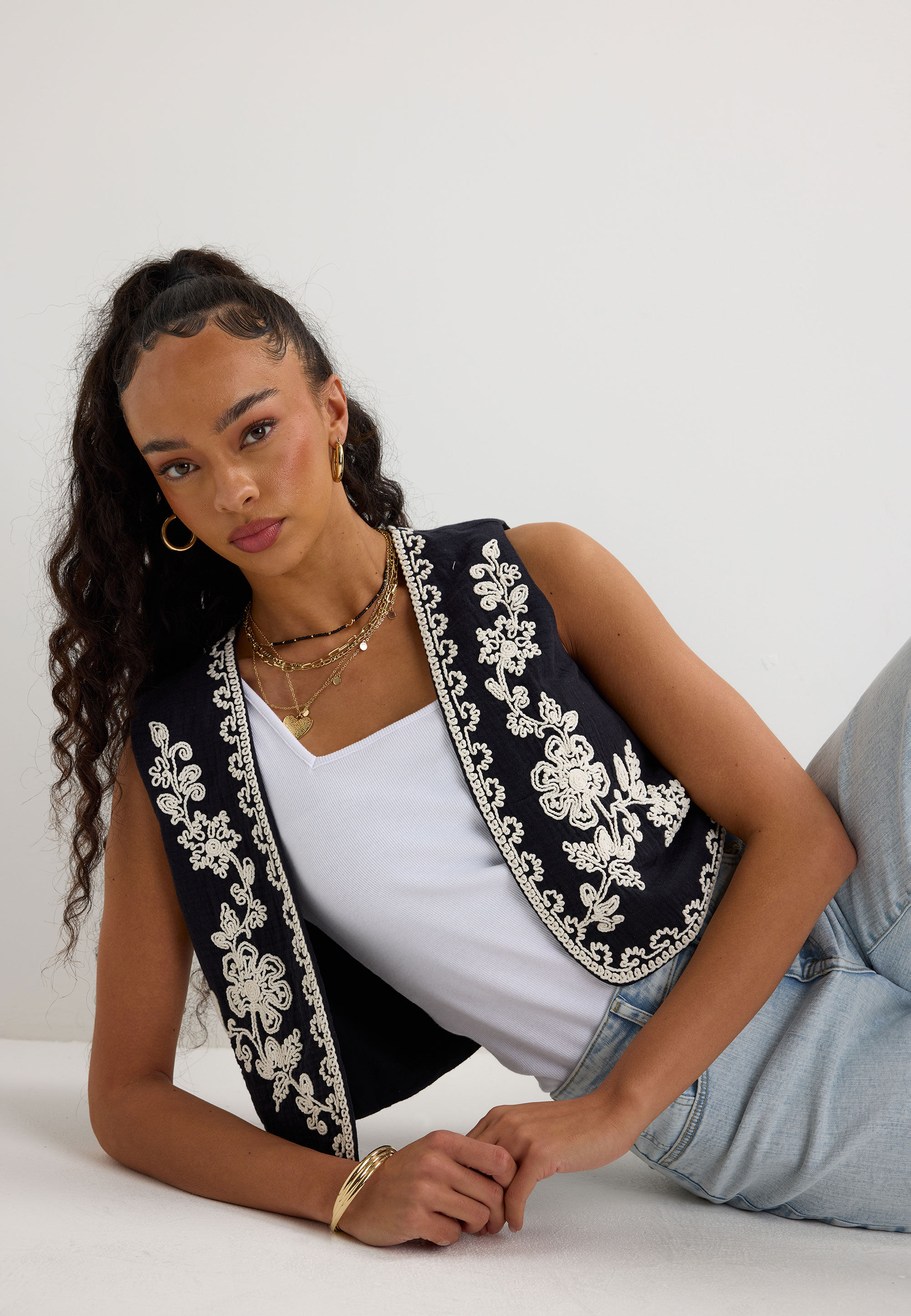 Womens Black & Cream Embroidered Waistcoat