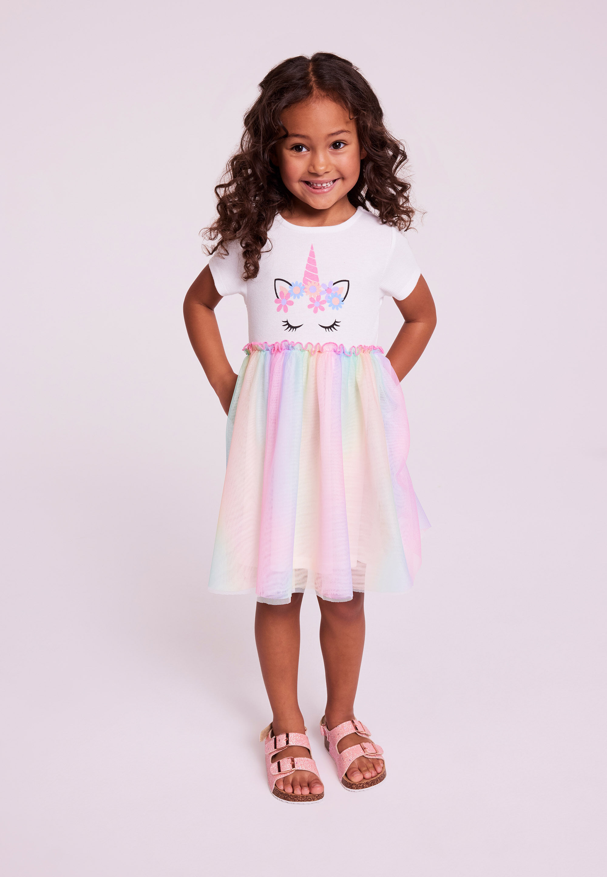 Younger Girls White Rainbow Unicorn Dress