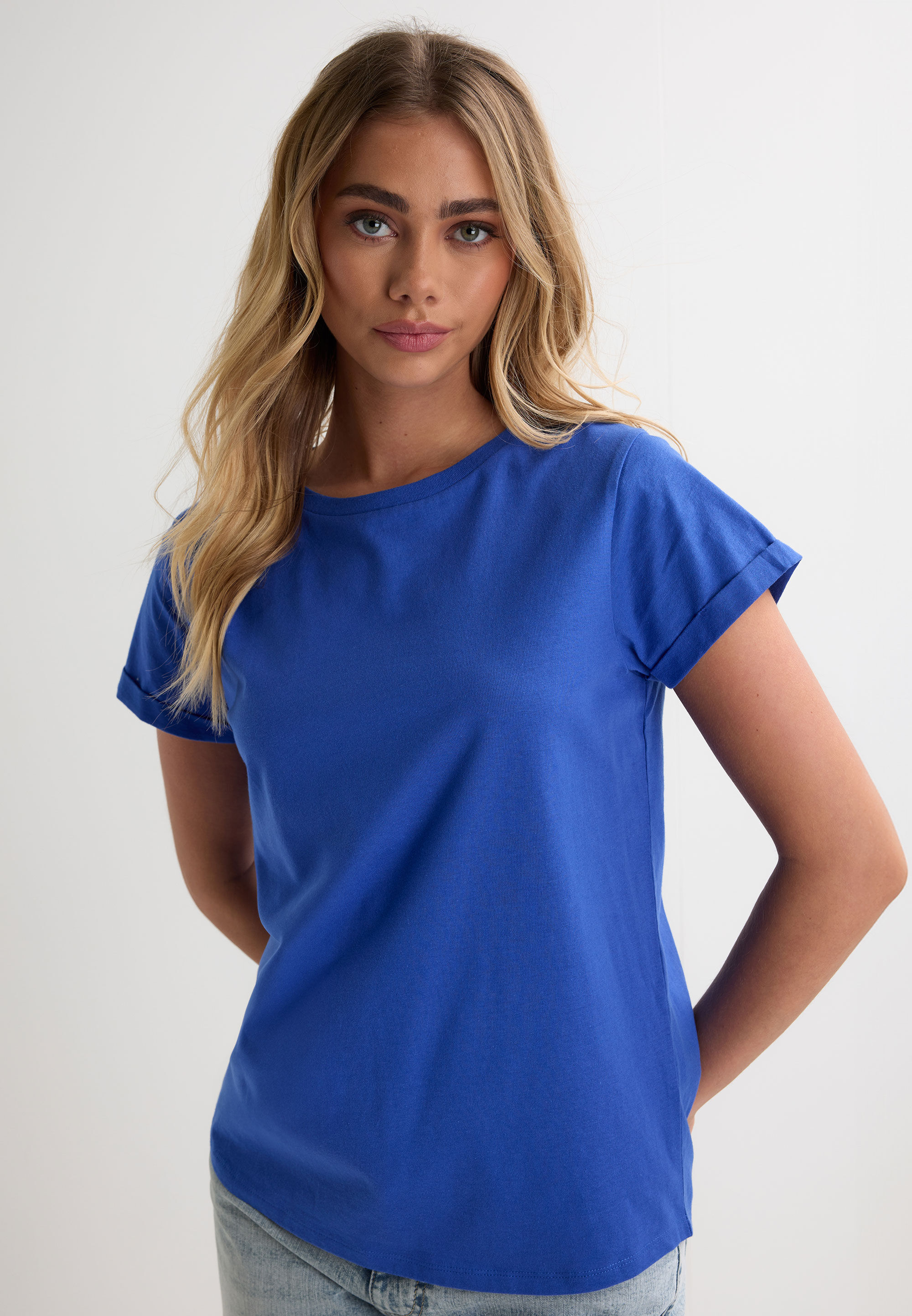 Womens Cobalt Blue Plain Roll Sleeve T-shirt
