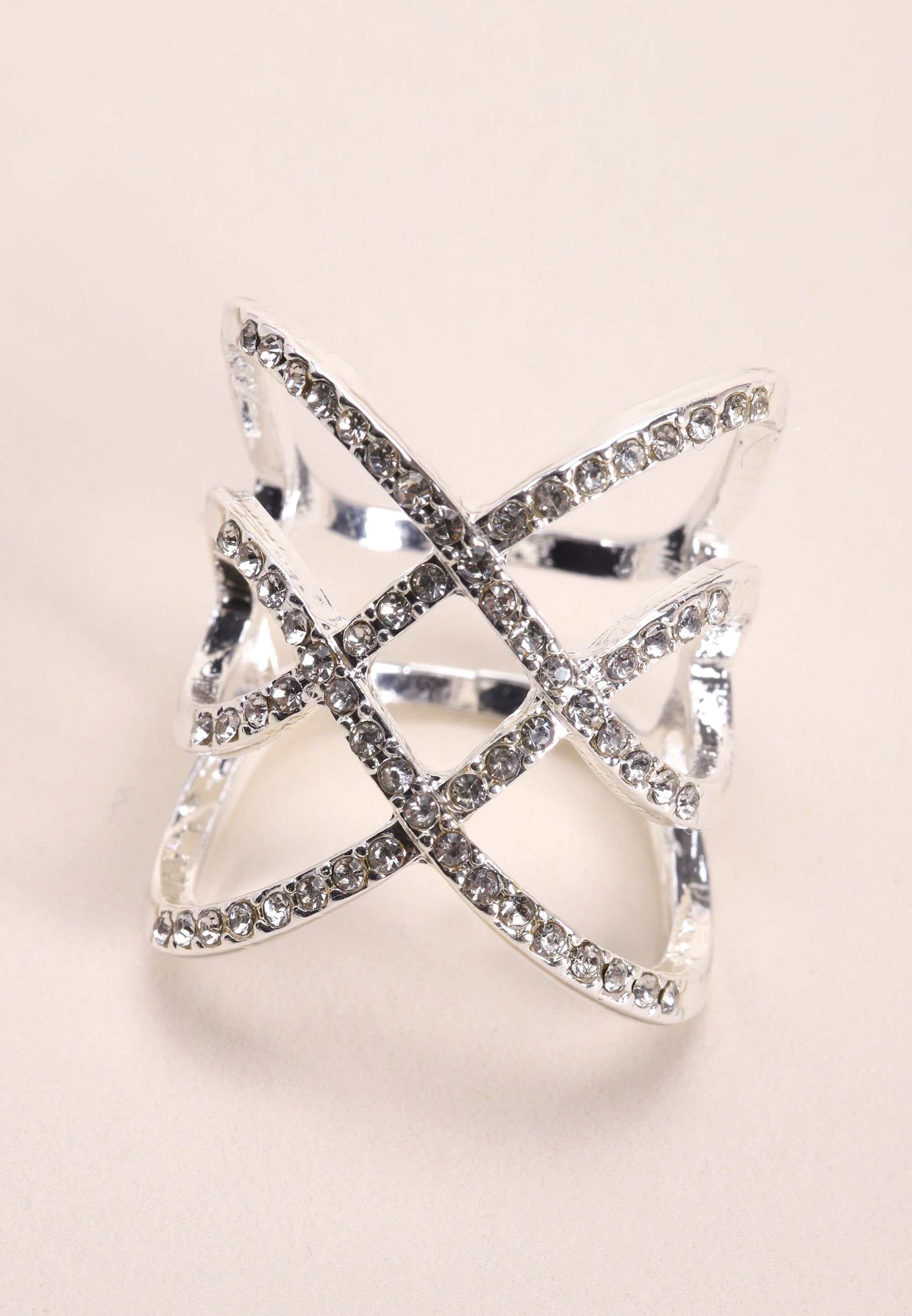 Womens Silver Diamante Cross Over Ring
