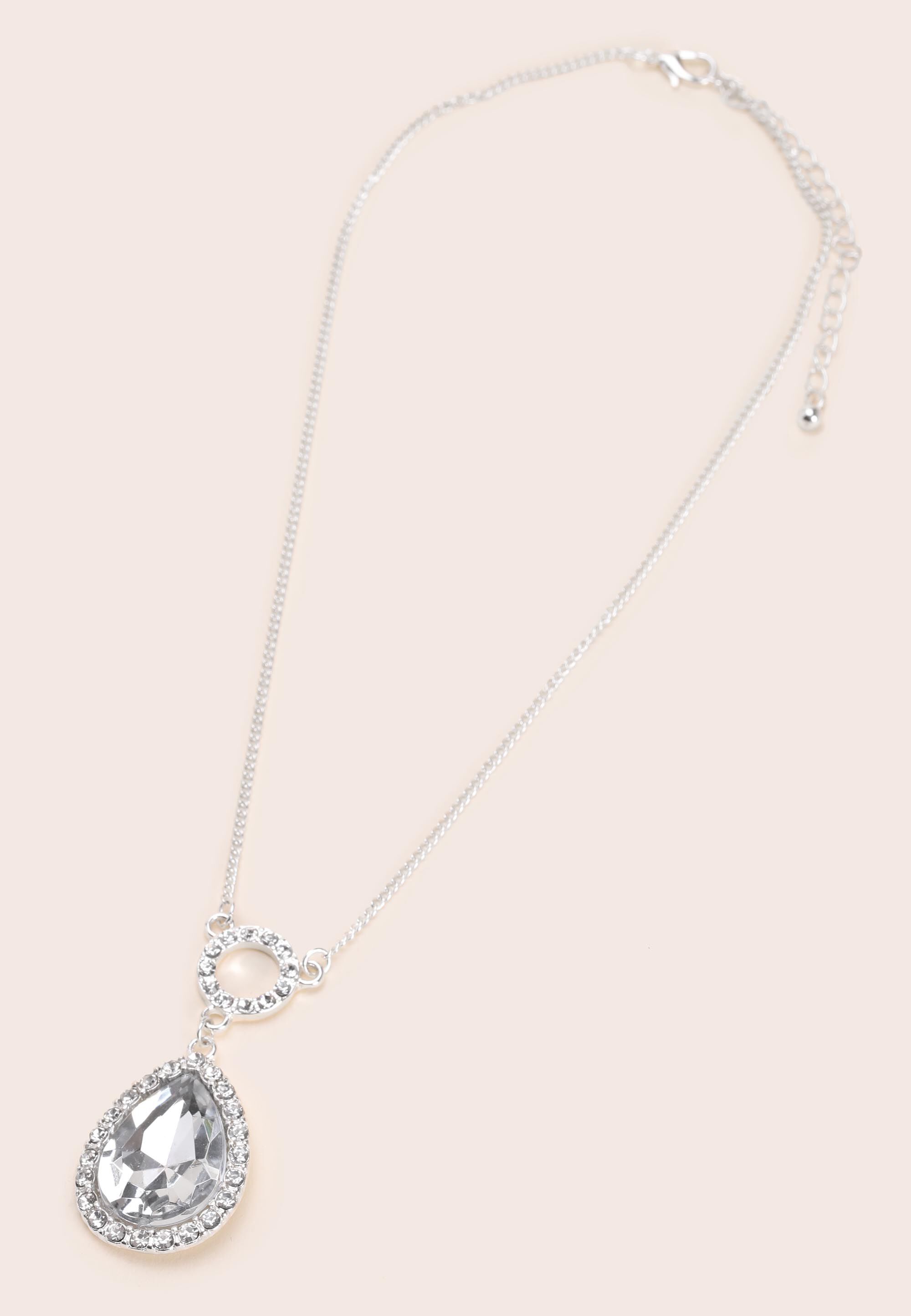 Womens Silver Long Diamante Drop Necklace