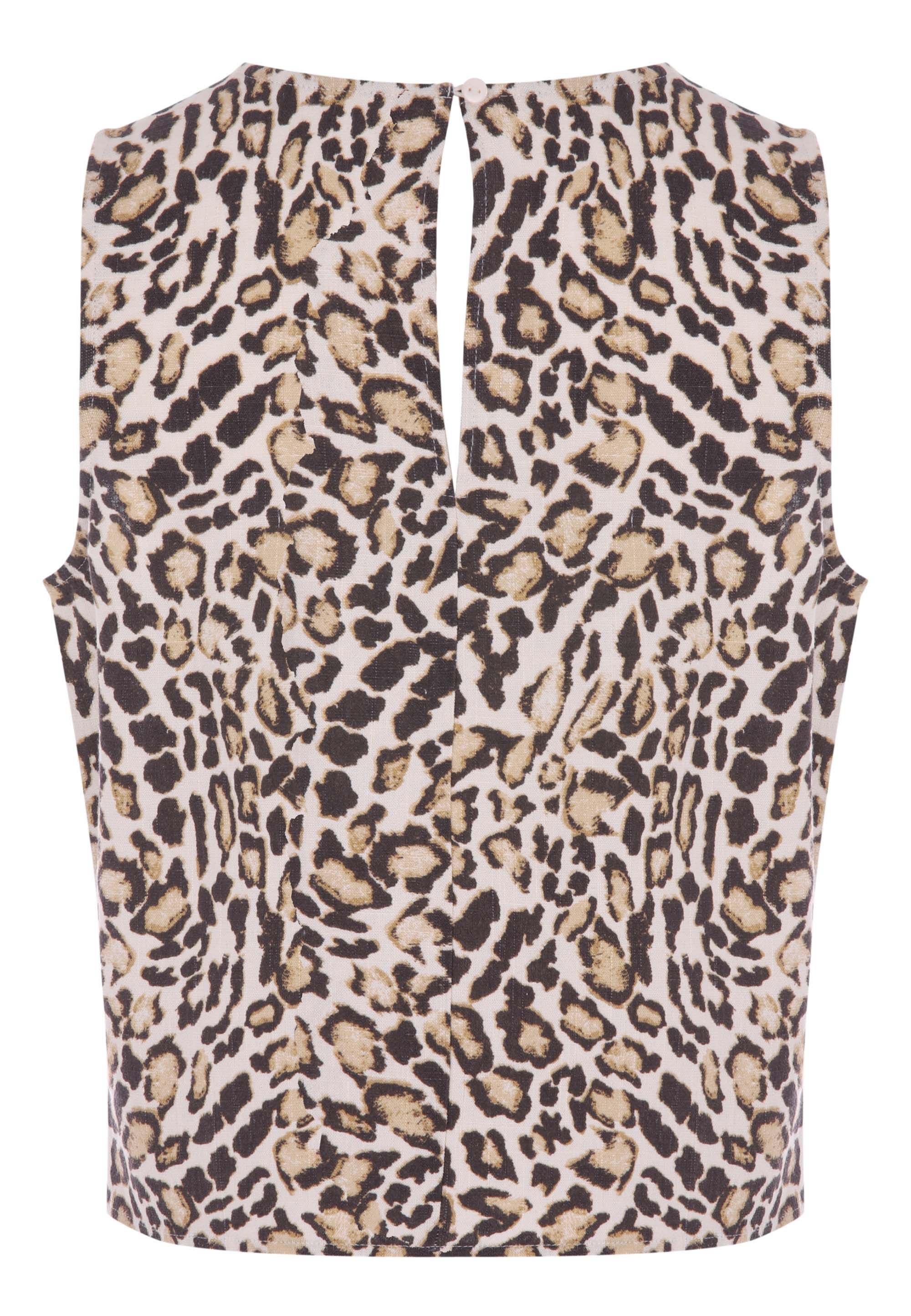 Womens Cream Leopard Print Linen Vest Top