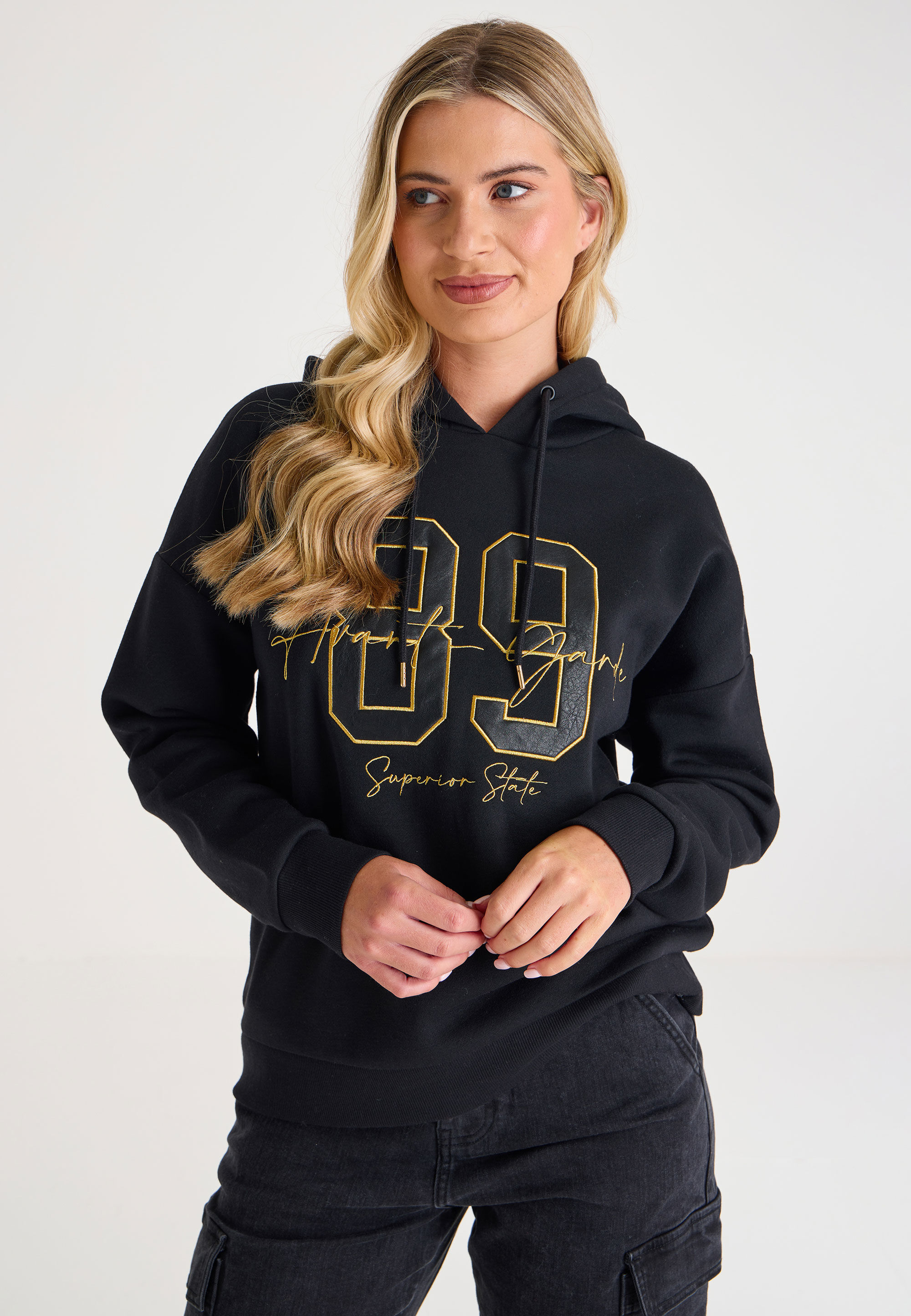 Womens Black & Gold Embroidery Slogan Hoodie