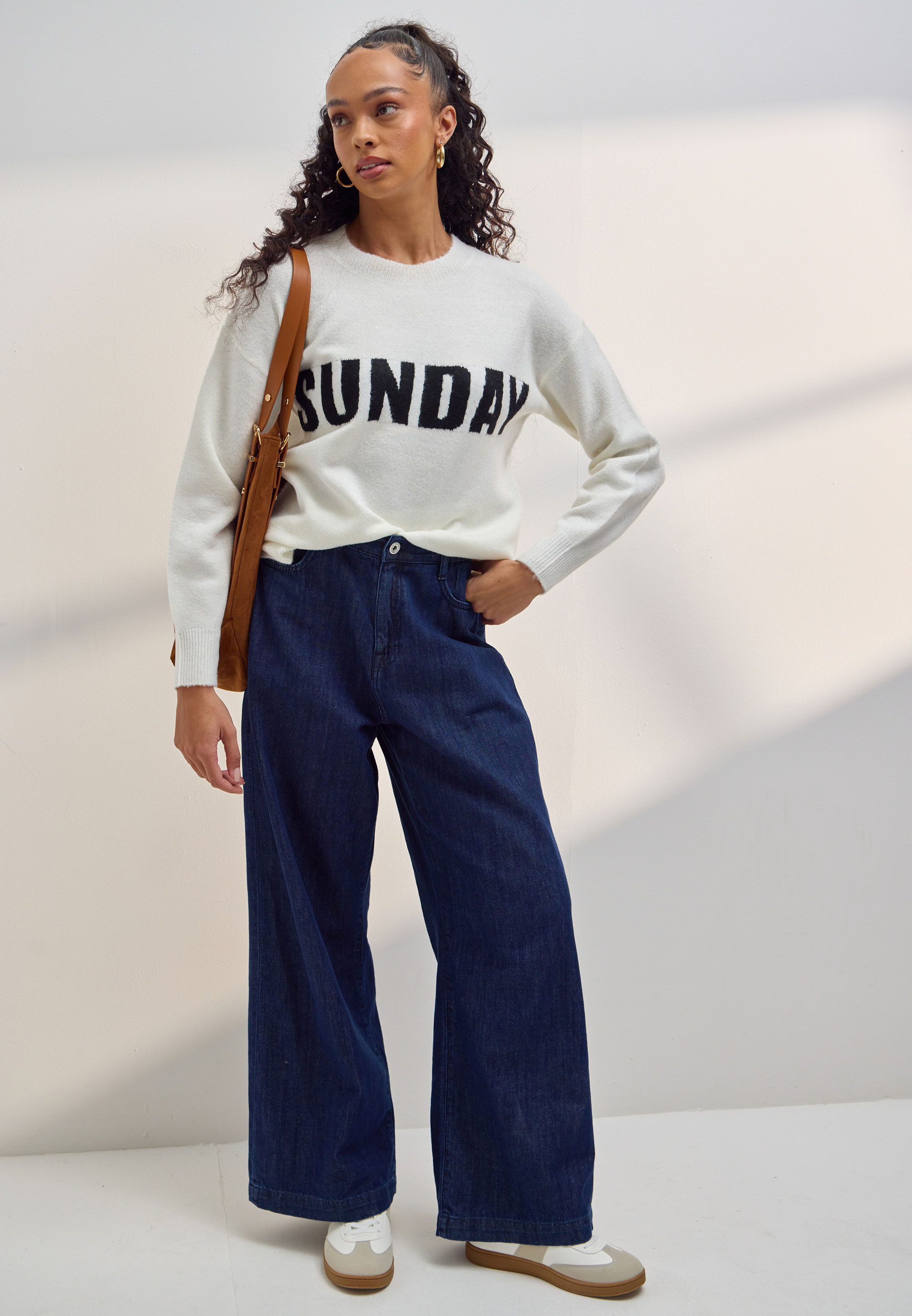 Womens Ecru & Black Sunday Slogan Knitted Jumper