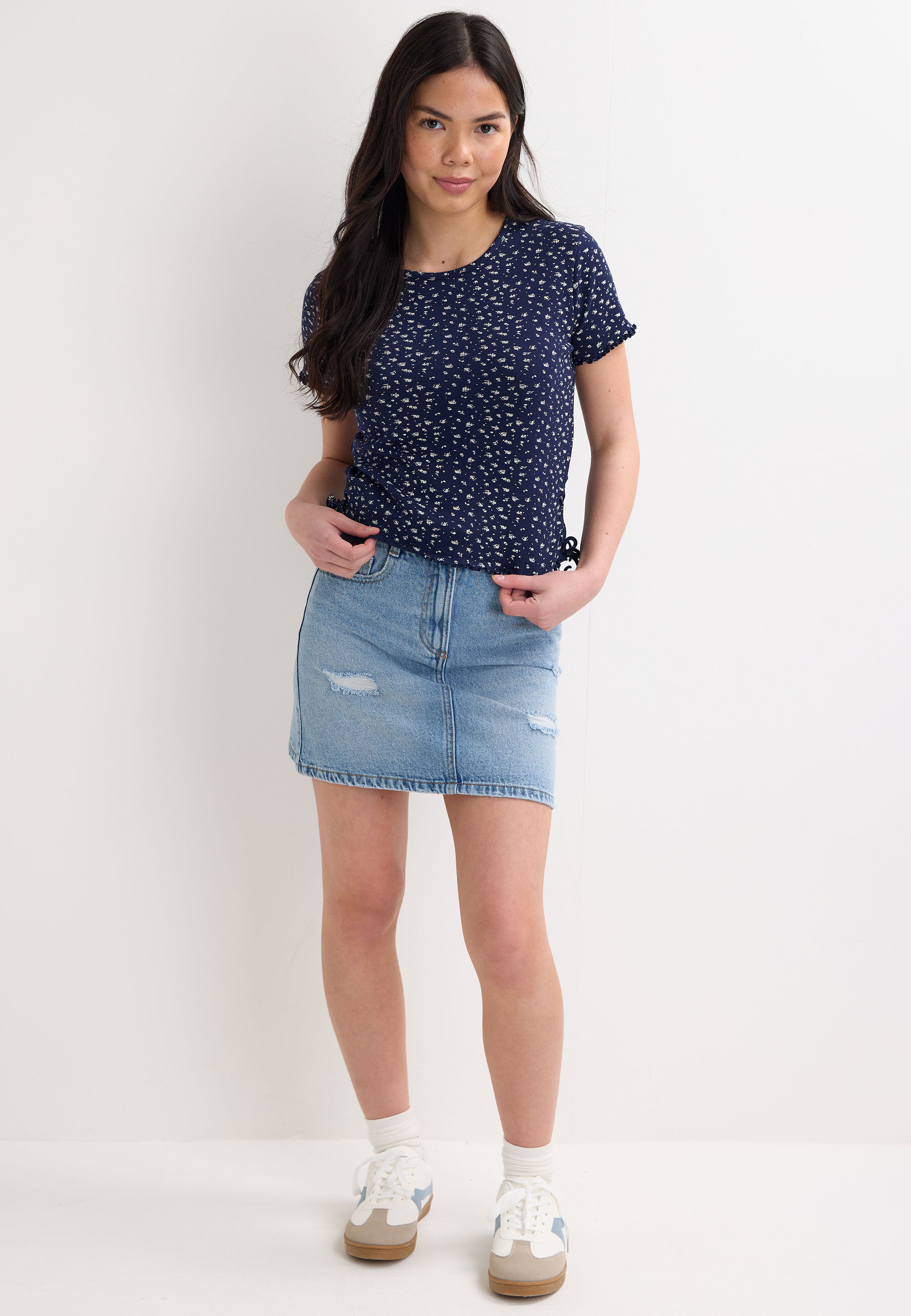 Older Girls Navy Floral Side Ruche Top