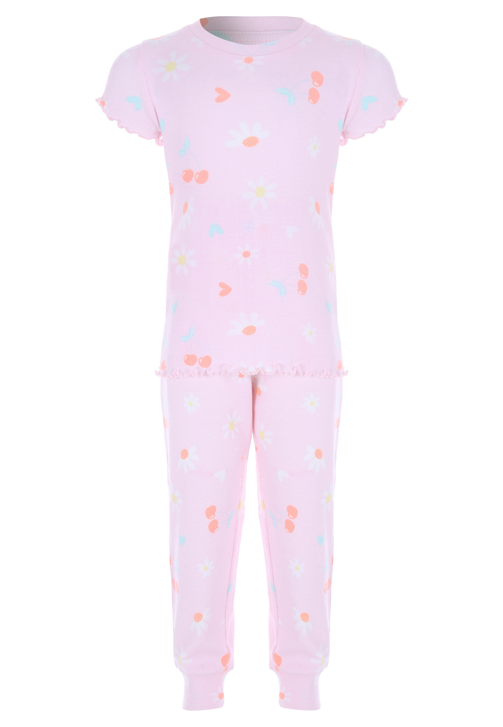 Younger Girls Pink Floral Print Ribbed Pyjama Set