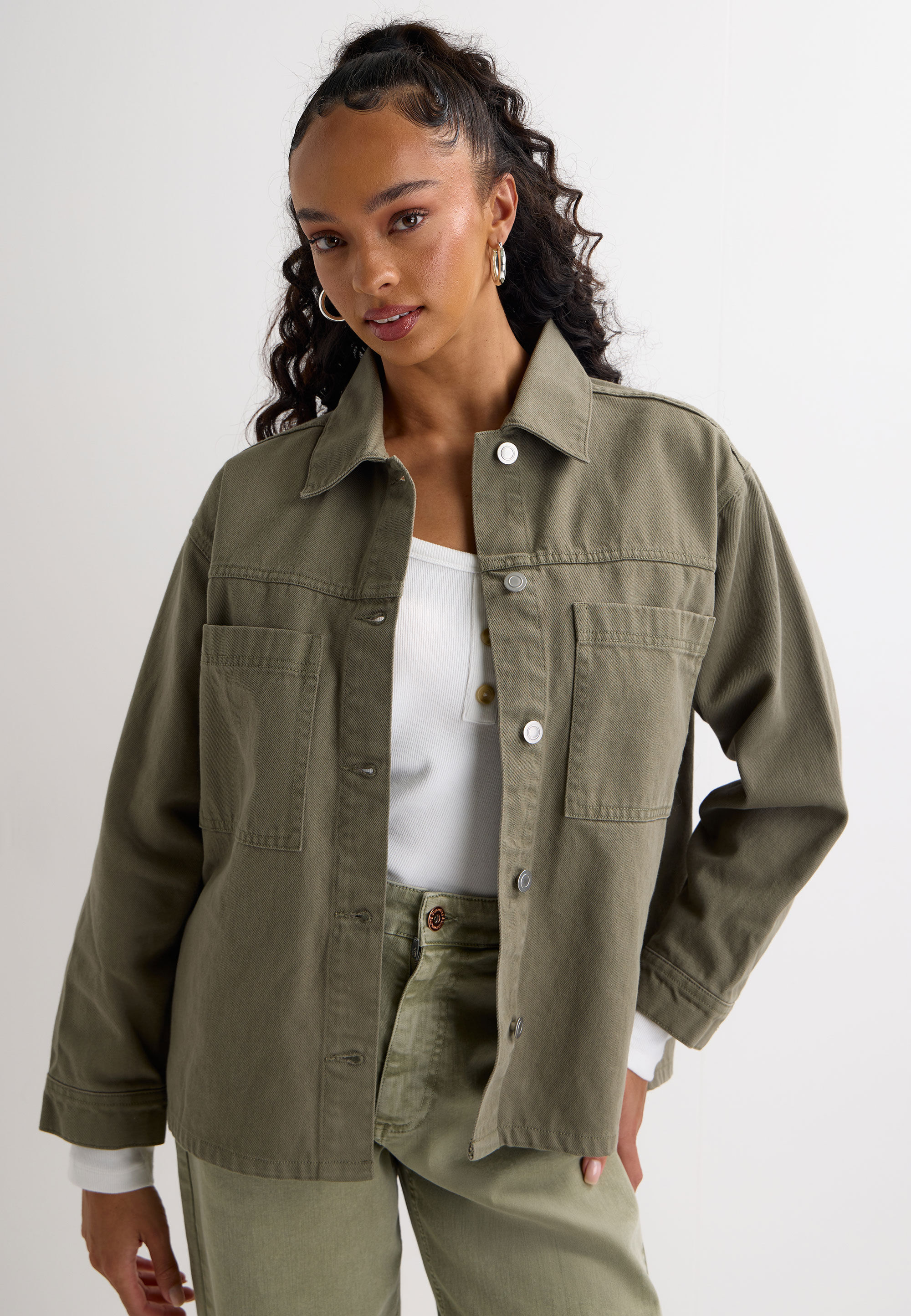Womens Khaki Plain Denim Shirt Jacket