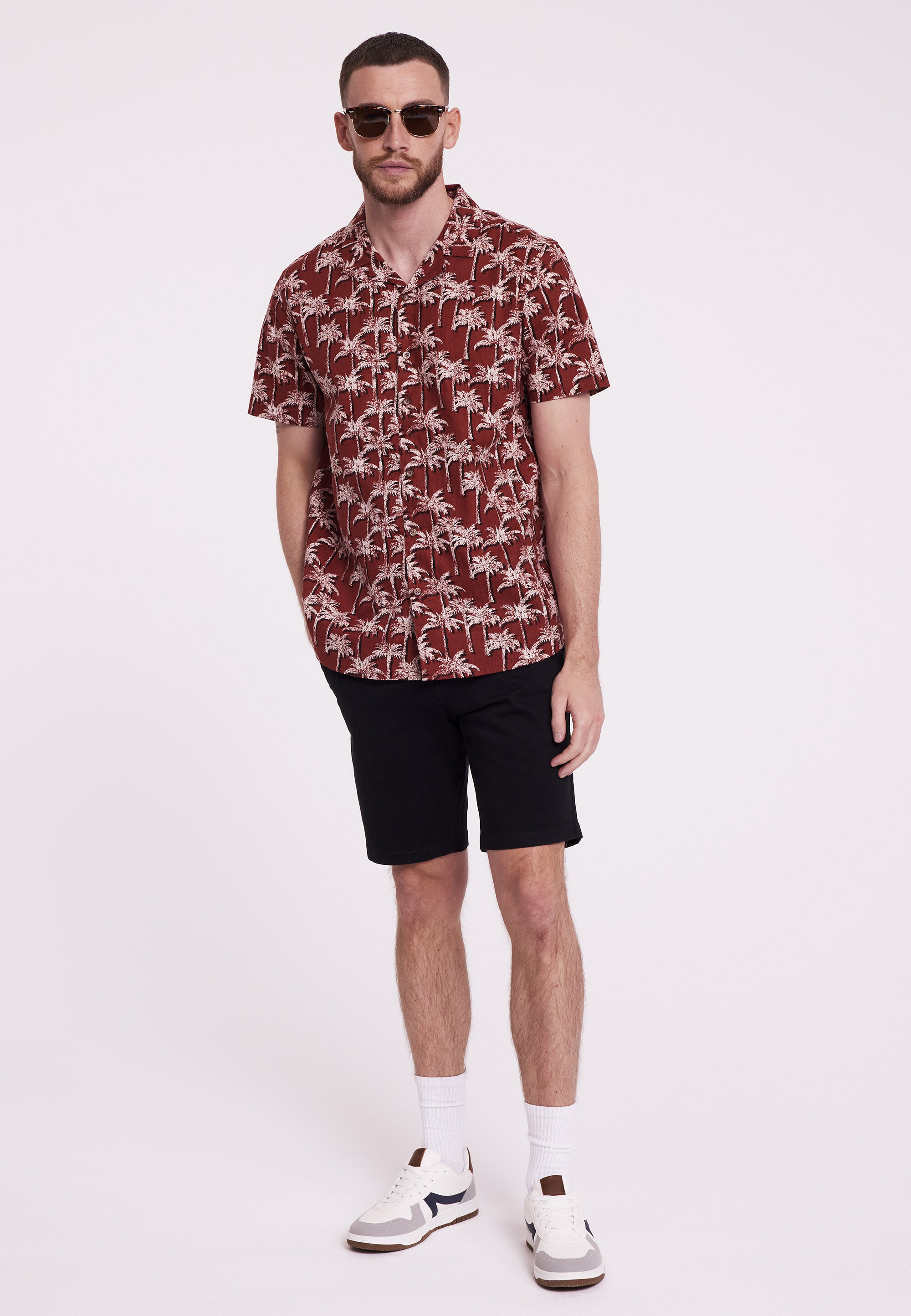 Mens Rust Palm Tree Print Short Sleeve Shirt