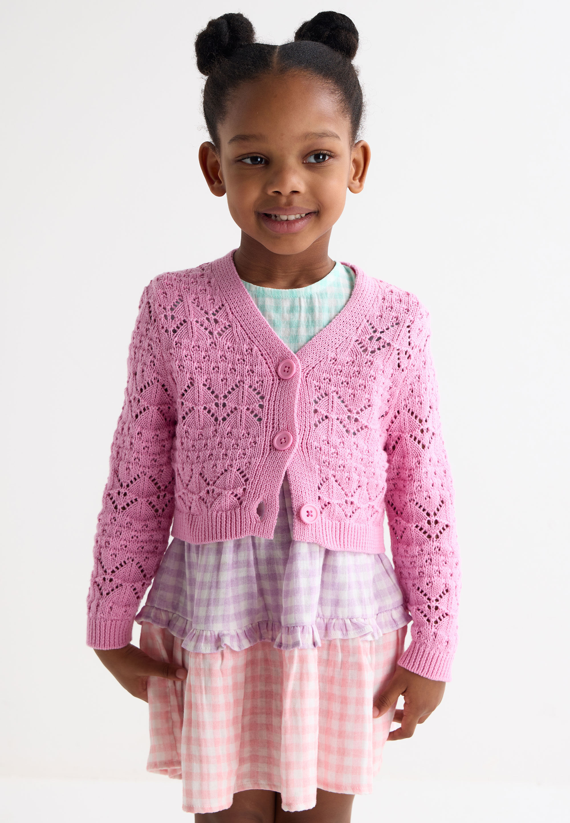 Younger Girls Pink Crochet Cropped Cardigan