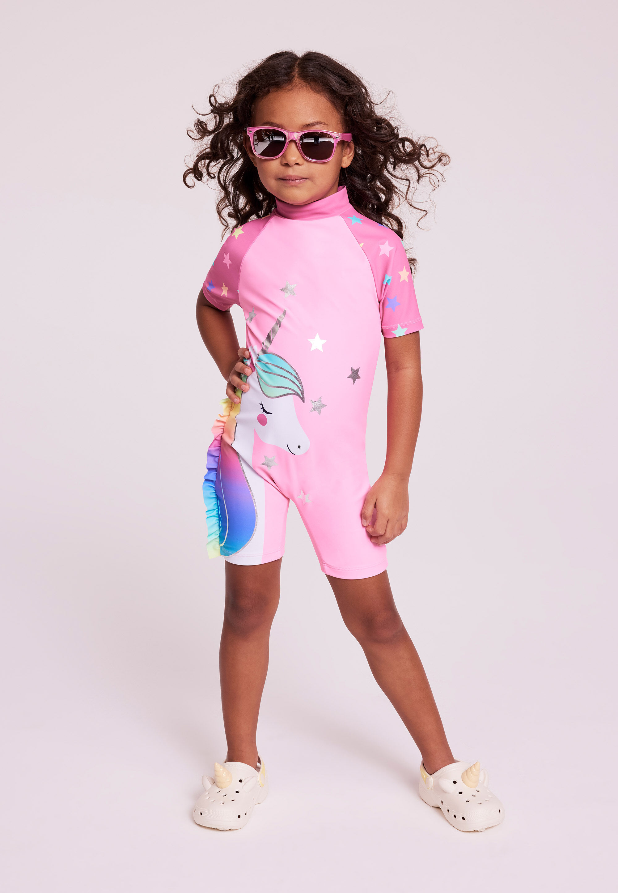 Younger Girls Pink Unicorn Print Ruffle Sun Safe Swimsuit
