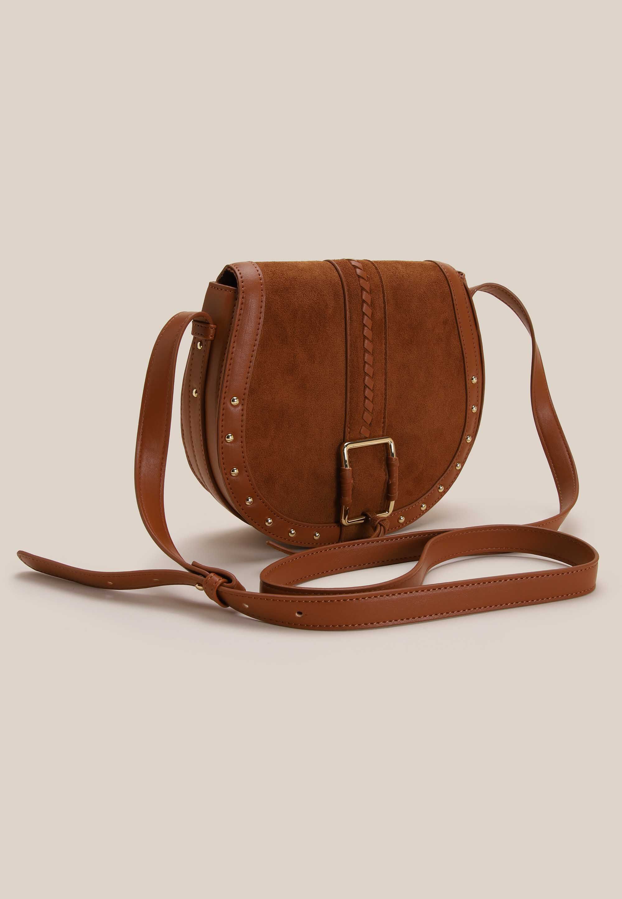 Womens Tan & Gold Studded Saddle Shoulder Bag