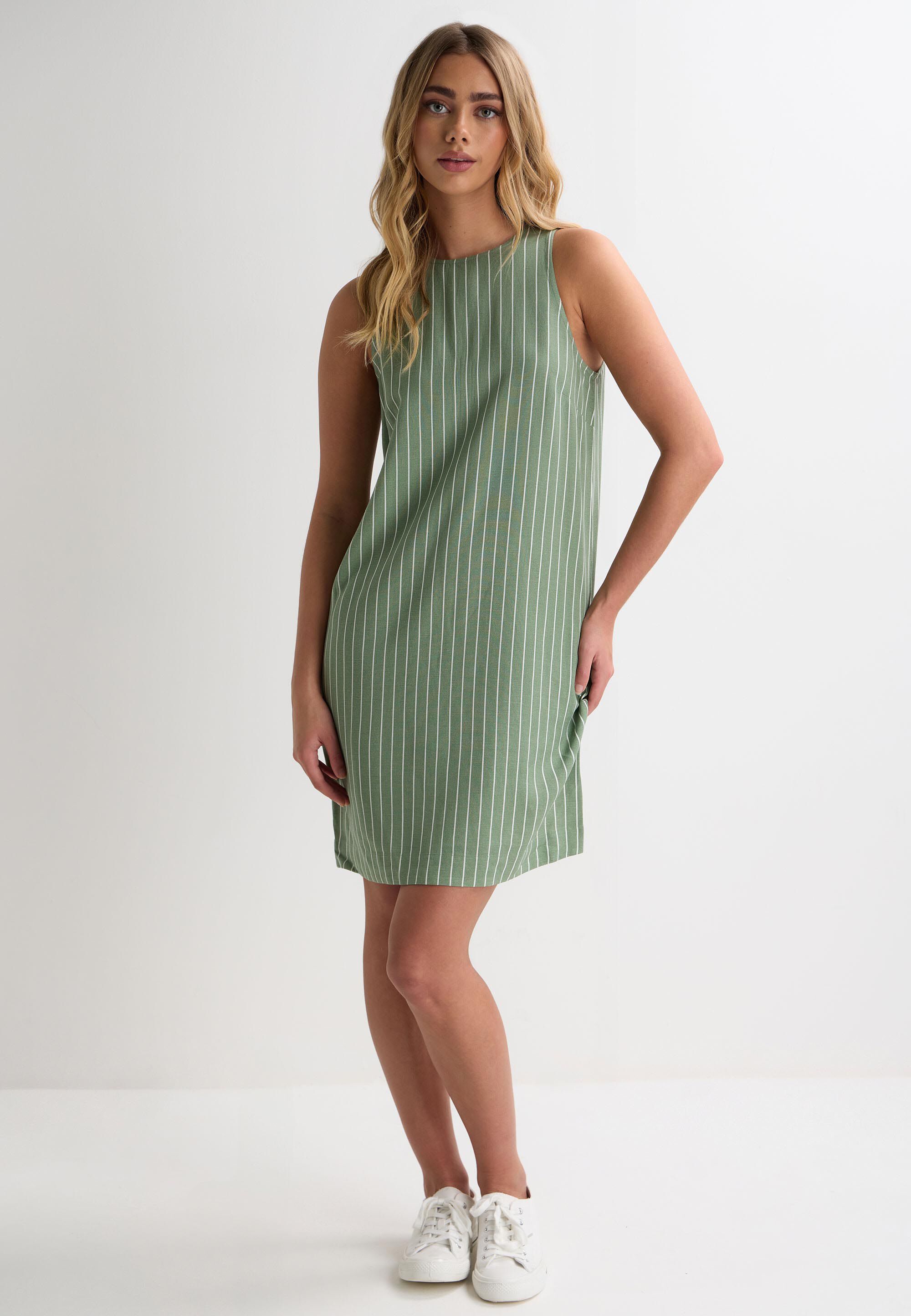 Womens Khaki Stripe Linen Blend Shift Dress