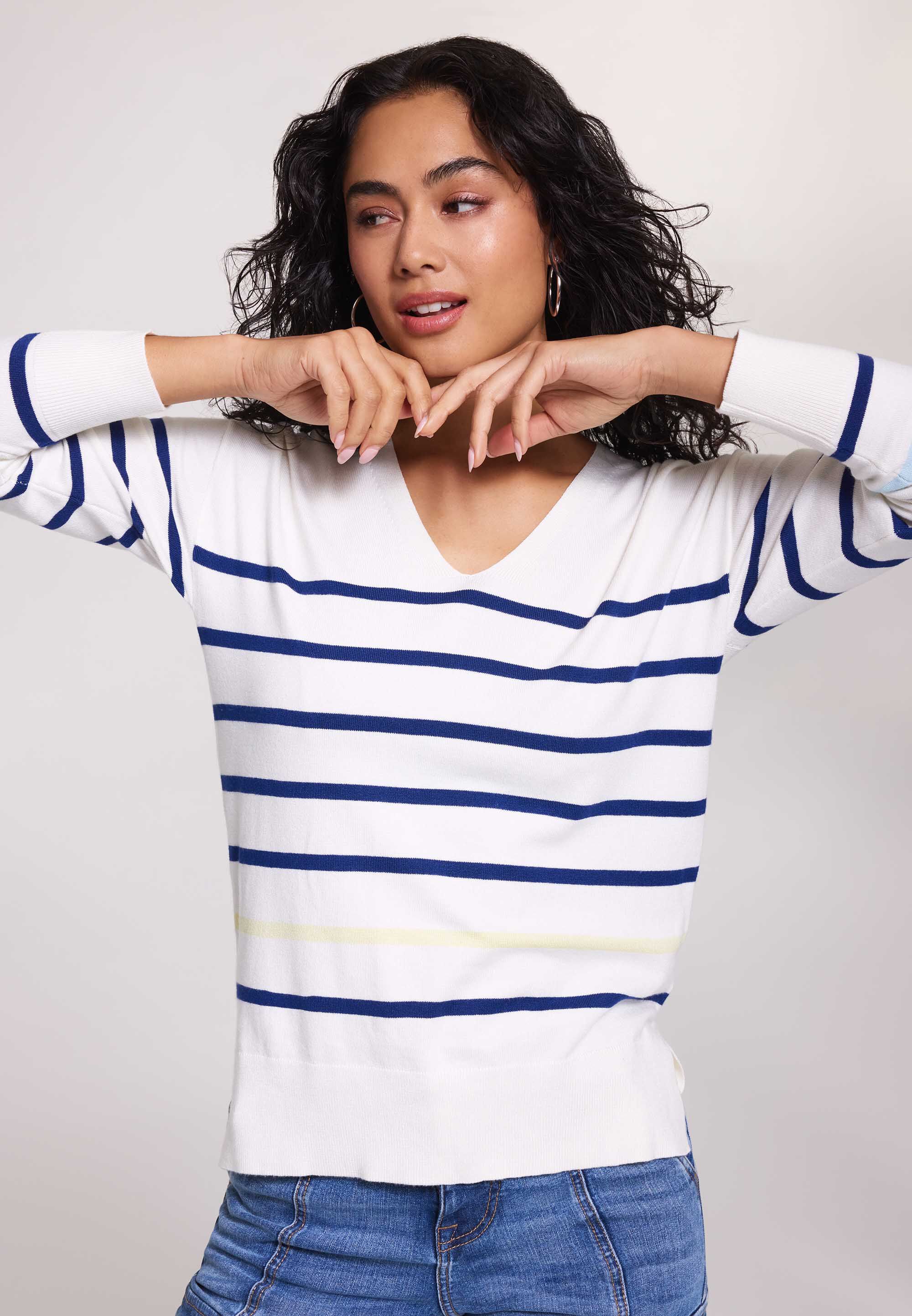 Womens White & Navy Stripe Knitted Jumper