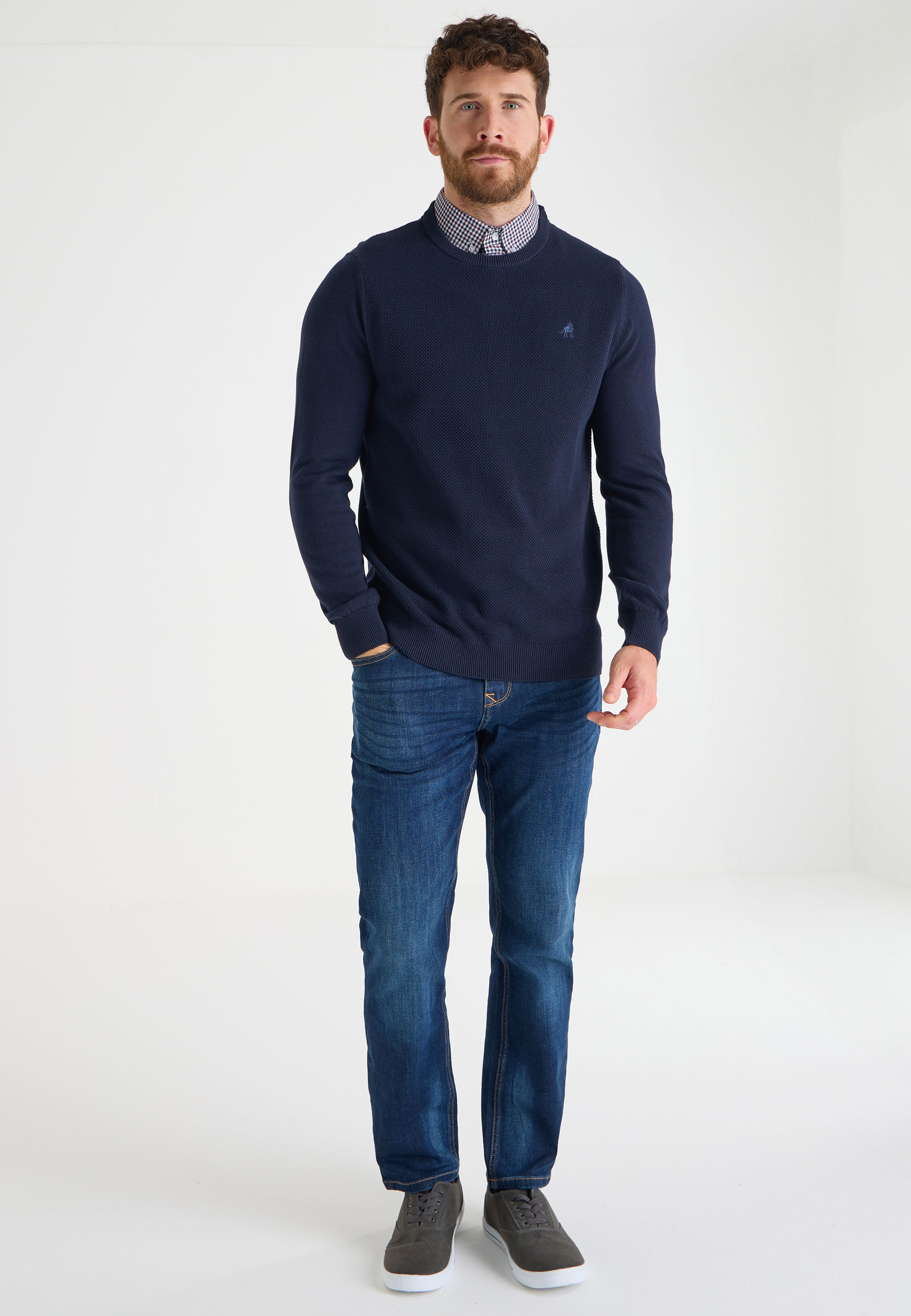Mens Navy Plain Textured Mock Shirt Jumper
