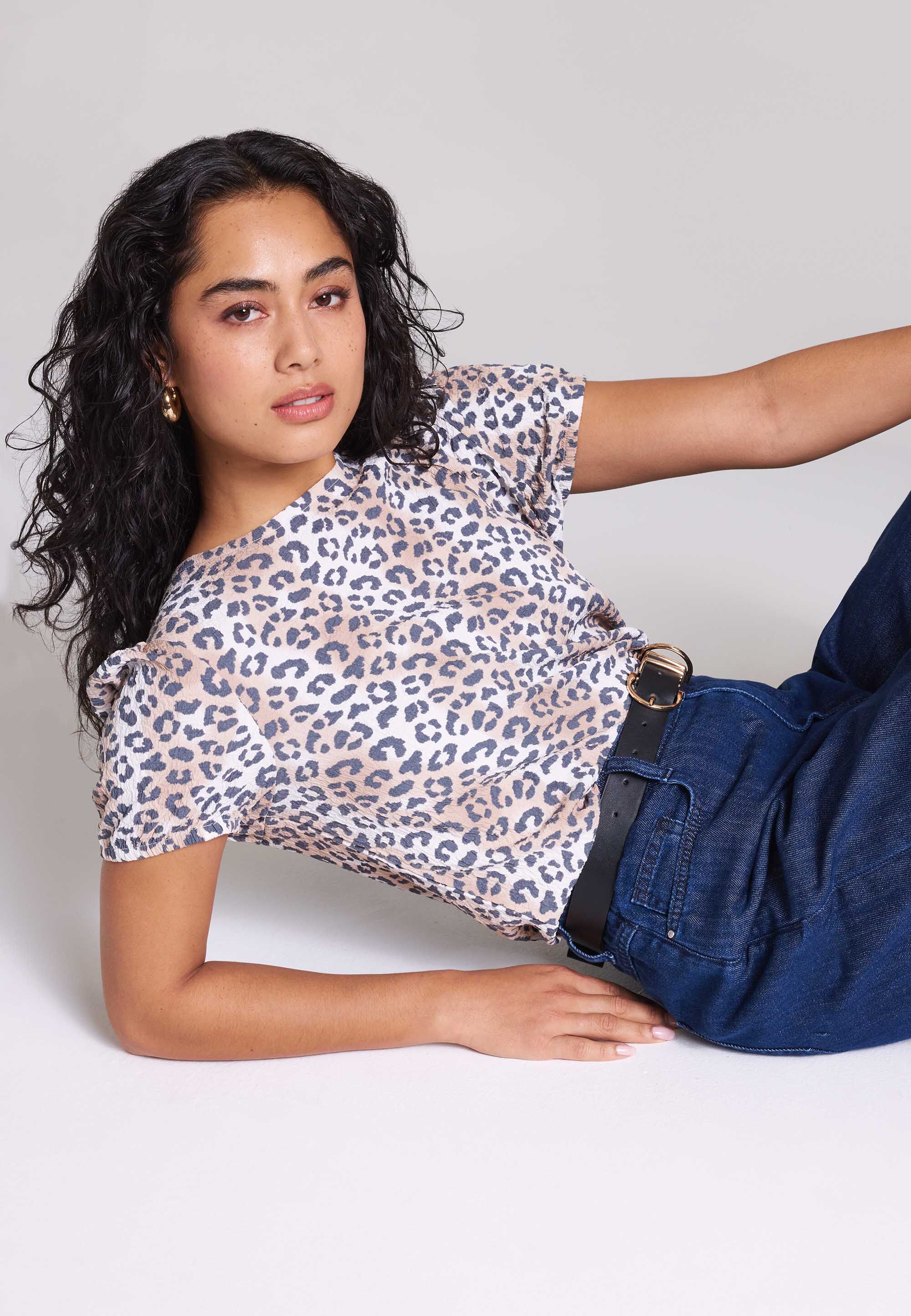 Womens Brown Leopard Print Textured Top