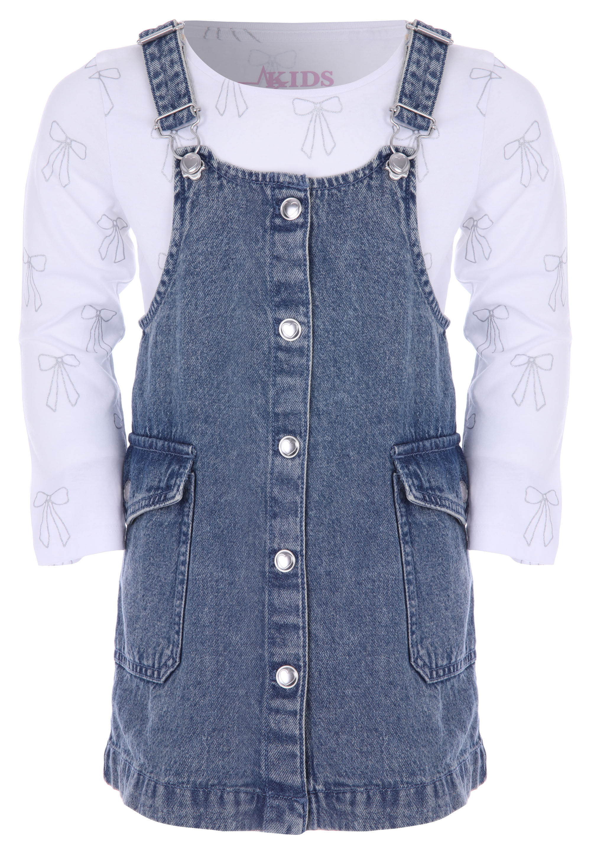 Younger Girls 2 in 1 Denim Bow Pinafore Dress Set