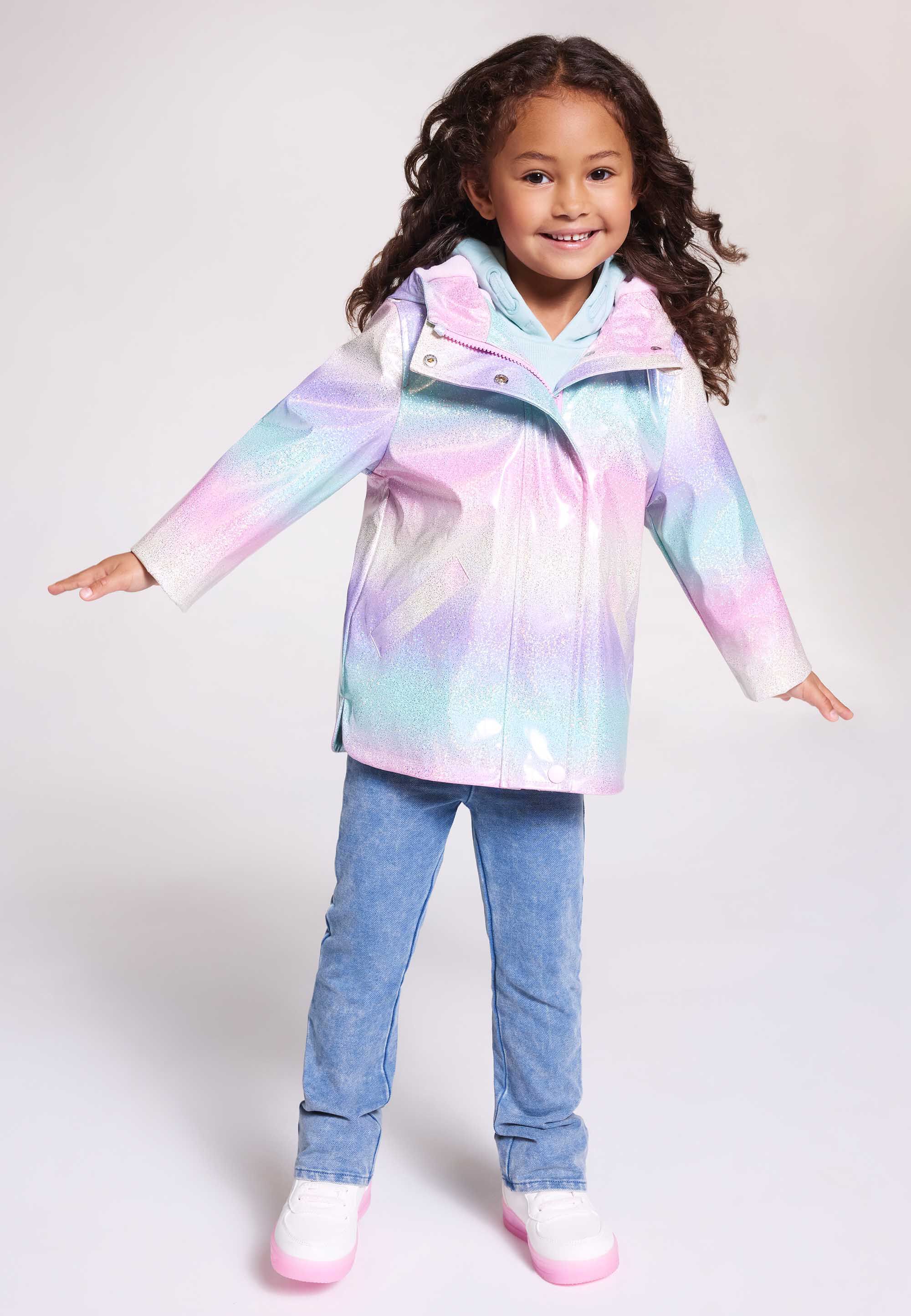 Younger Girls Pink Rainbow Sparkle Coat