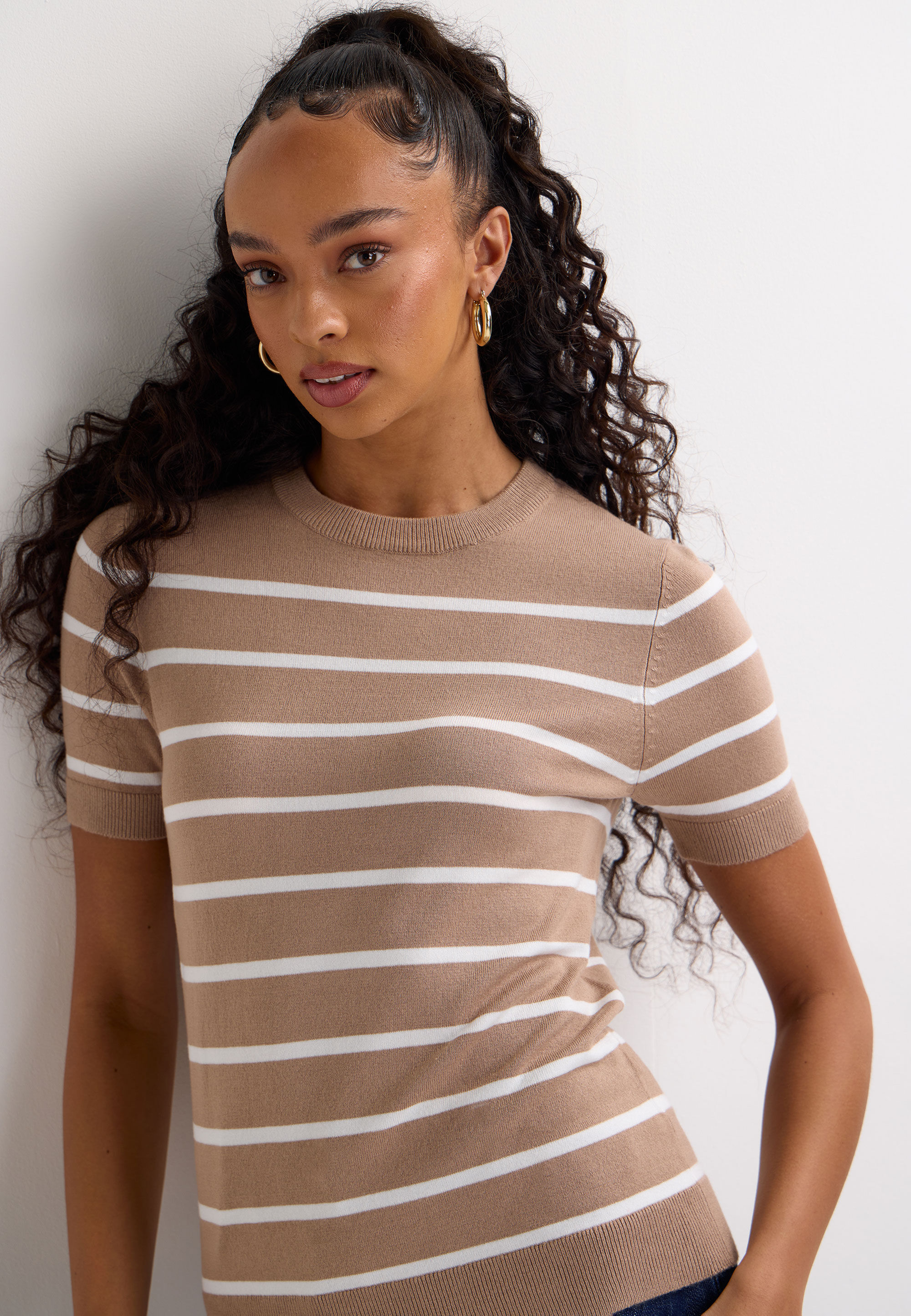 Womens Oatmeal Stripe Short Sleeve Jumper