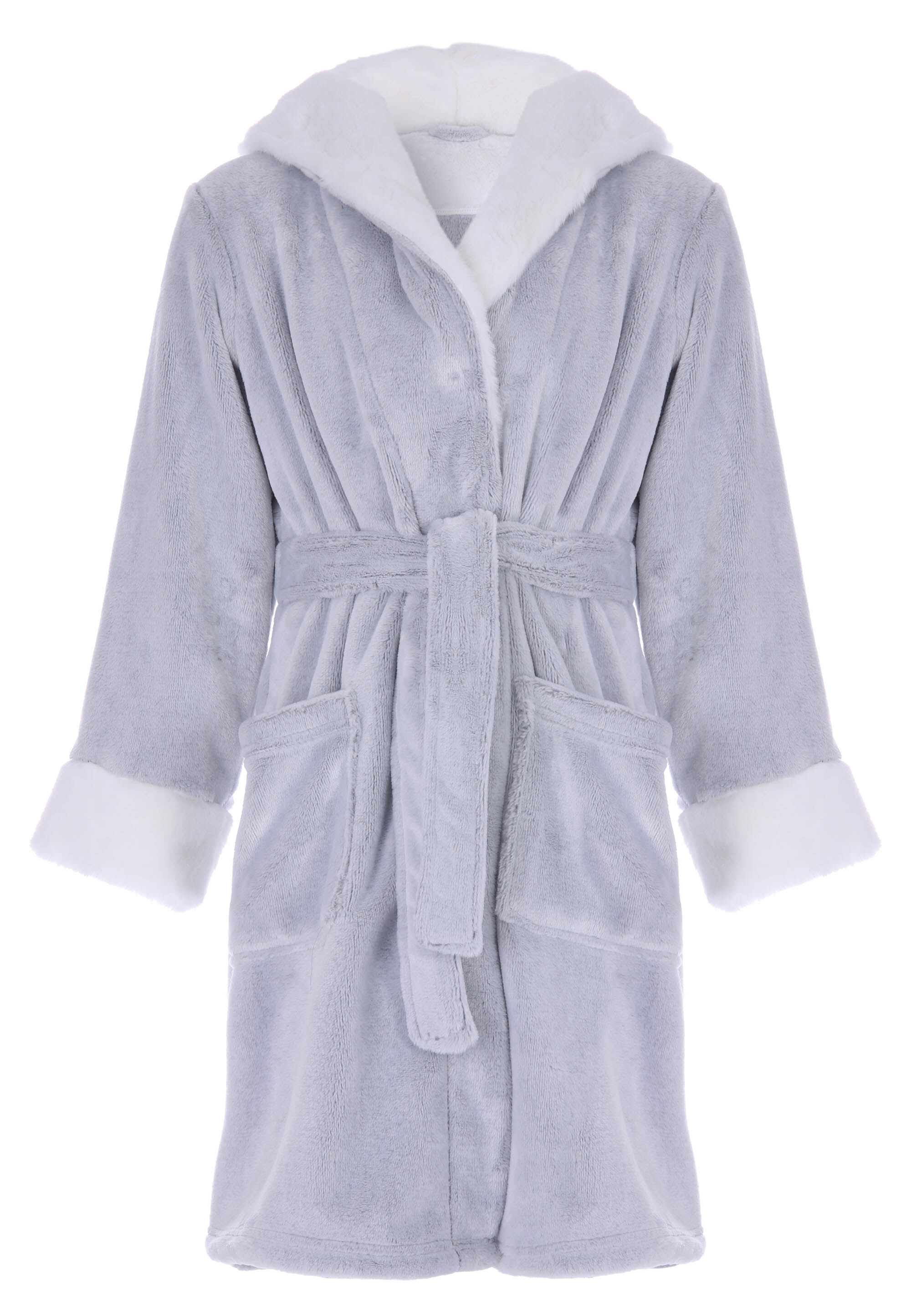 Girls Grey Plain Sherpa Trim Dressing Gown
