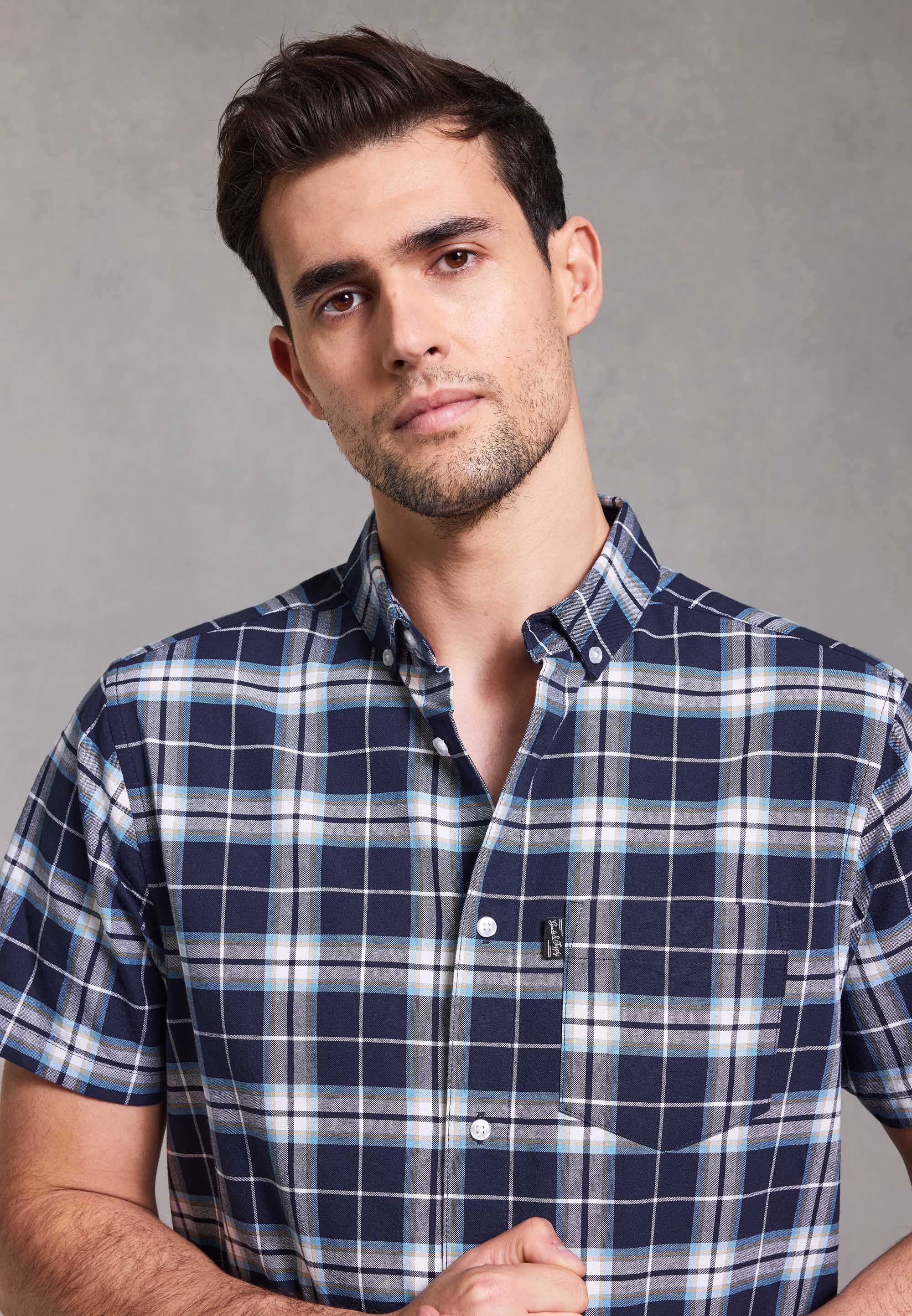 Mens Navy Check Oxford Short Sleeve Shirt