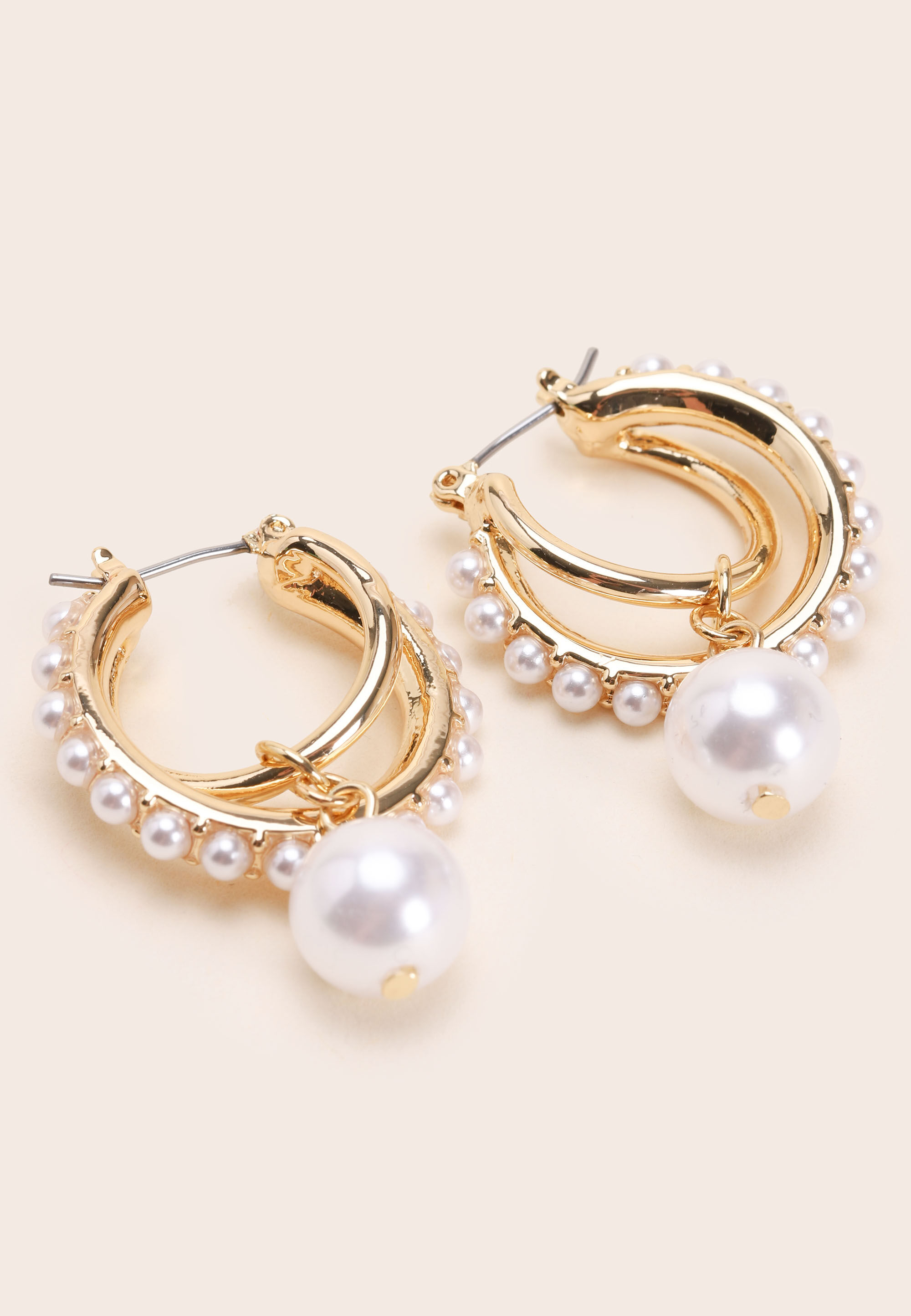 Womens Gold Pearl Double Hoop Earrings