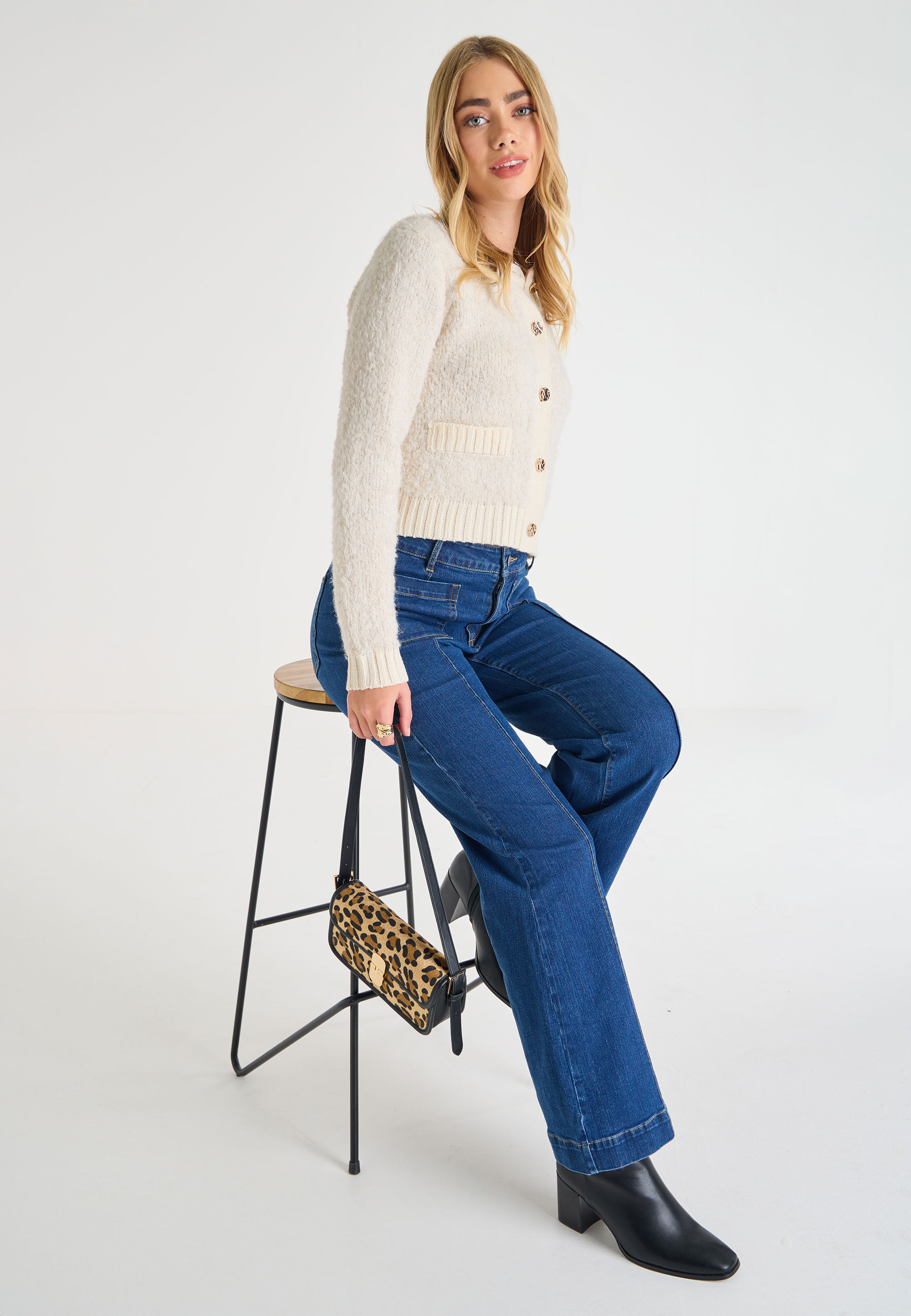 Womens Cream Boucle Short Cardigan