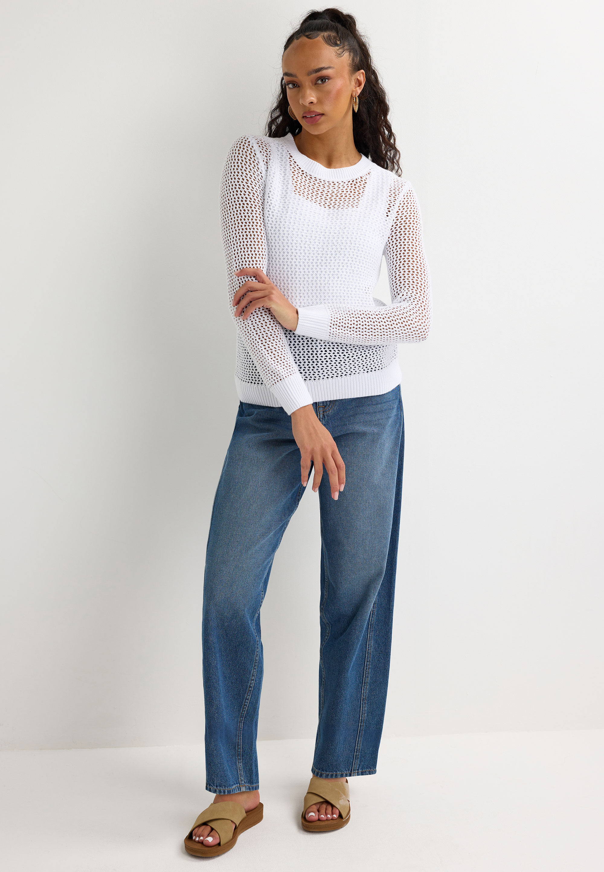 Womens White Sequin Stitch Crew Neck Jumper