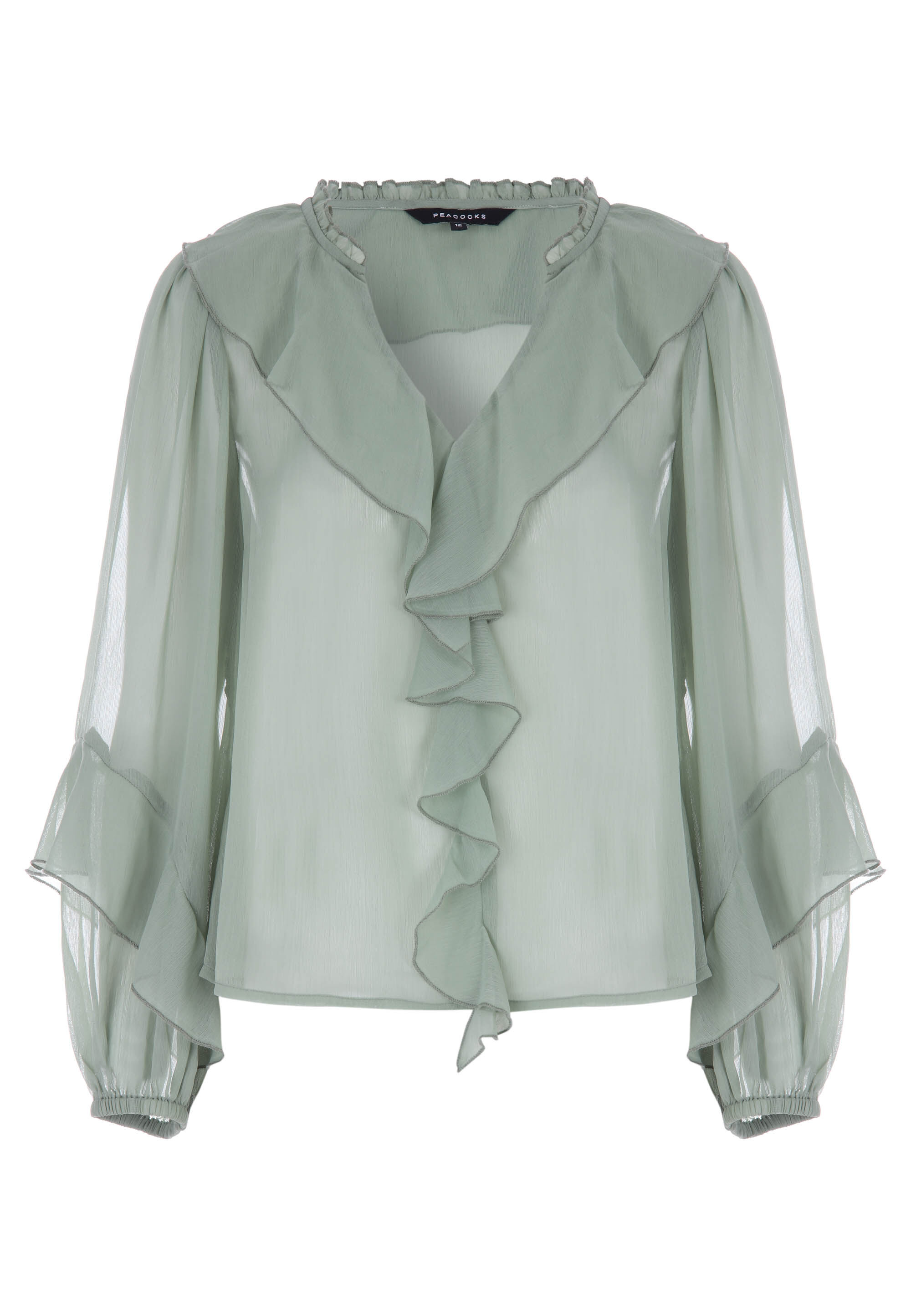 Womens Green V-Neck Ruffle Detail Blouse
