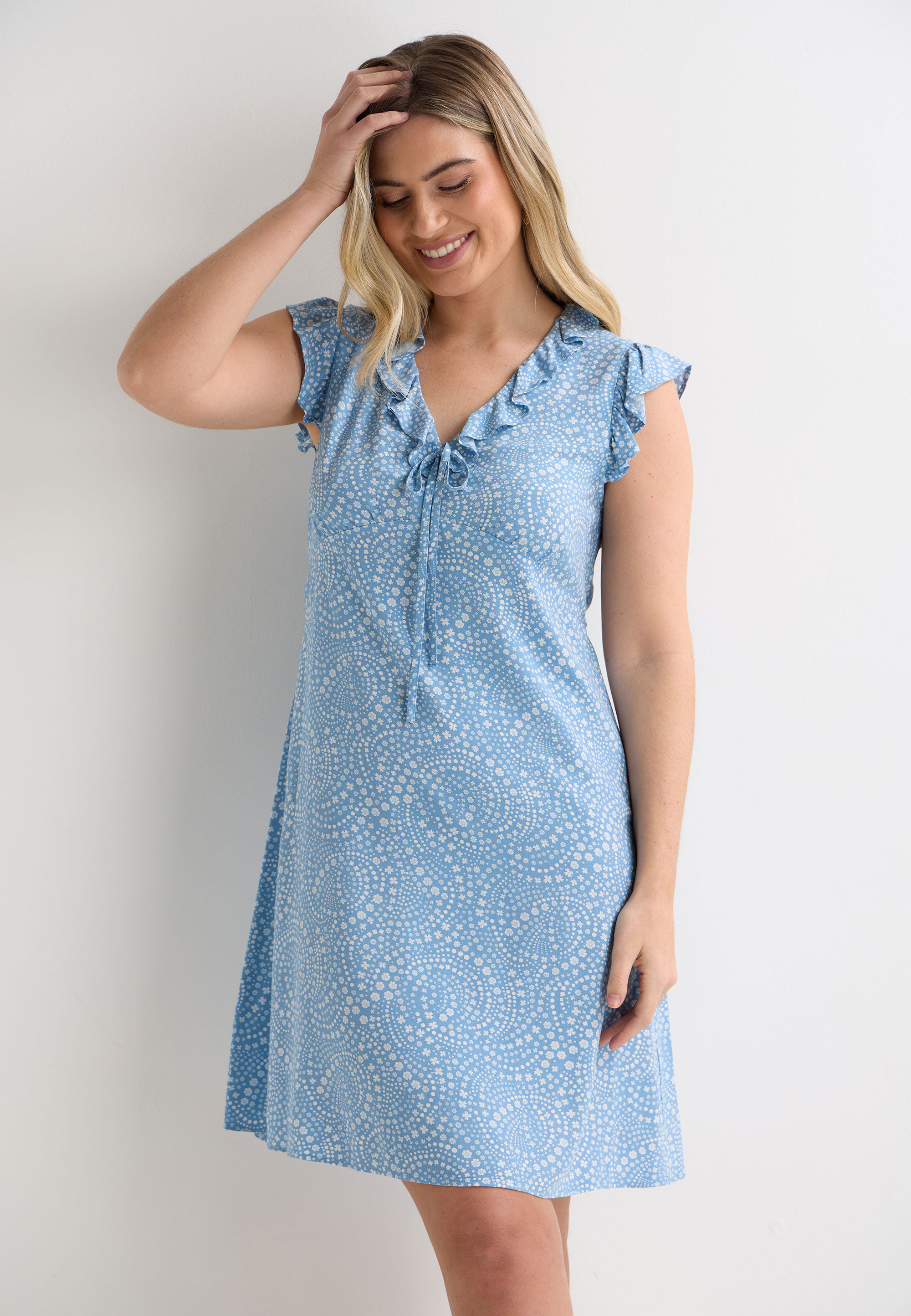 Womens Blue Ditsy Print Ruffle Sleeve Tea Dress