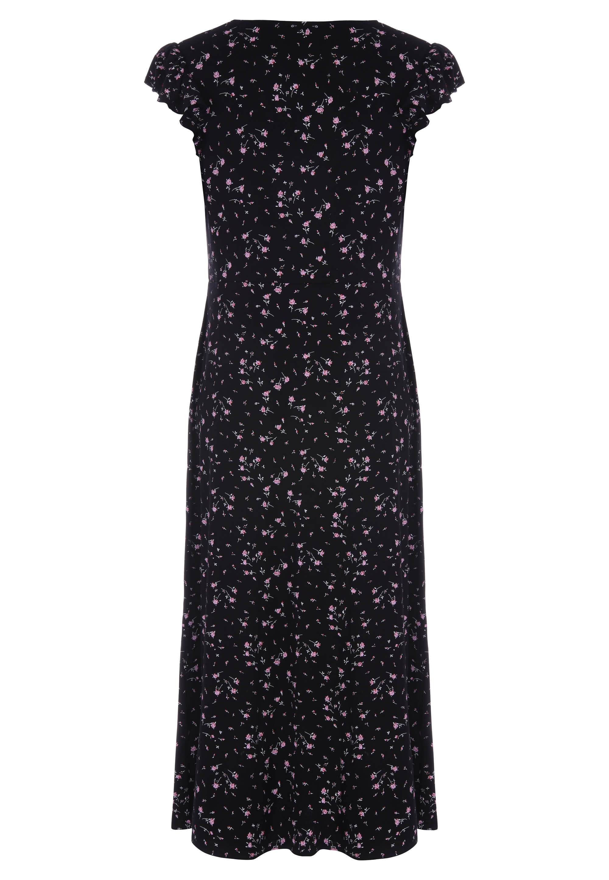 Womens Black Floral Frill Sleeve Midi Dress